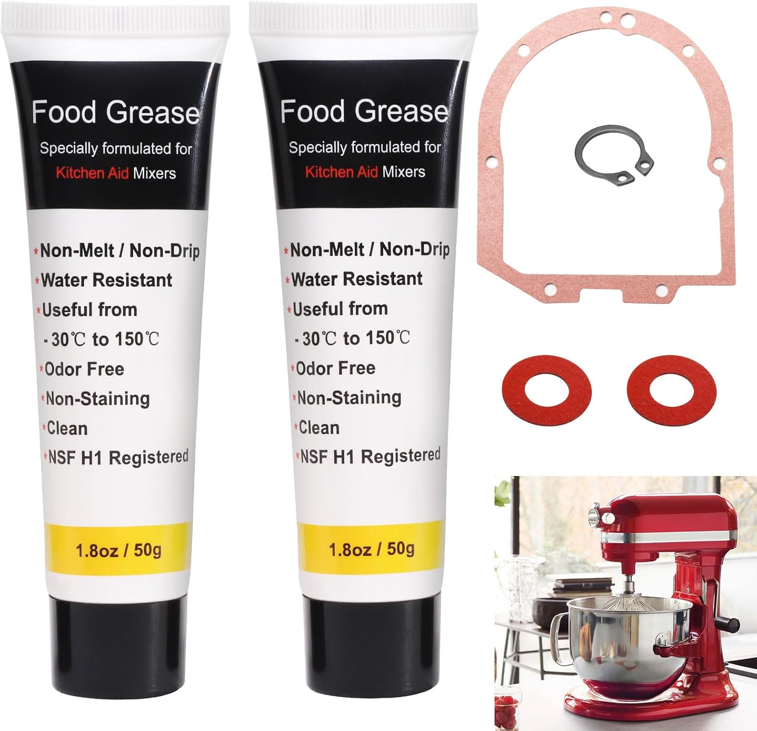 4162324 Kitchen Mixer Transmission Case Gasket, for Kitchenaid Mixers K45, K5, KSM90, KSM150, with 1.8 Oz 2 X Food Grade Grease - NSF-H1 Accredited.
