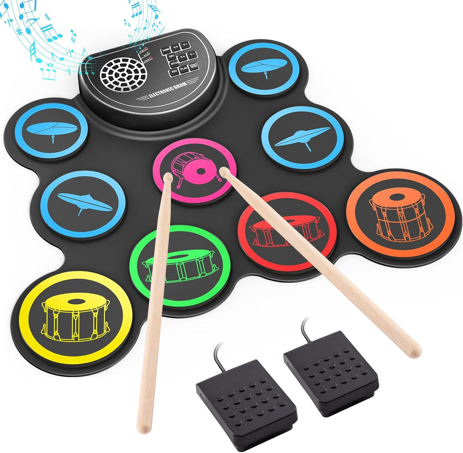 Electronic Roll-Up Drum Set with Headphone Jack and Built-In Speaker