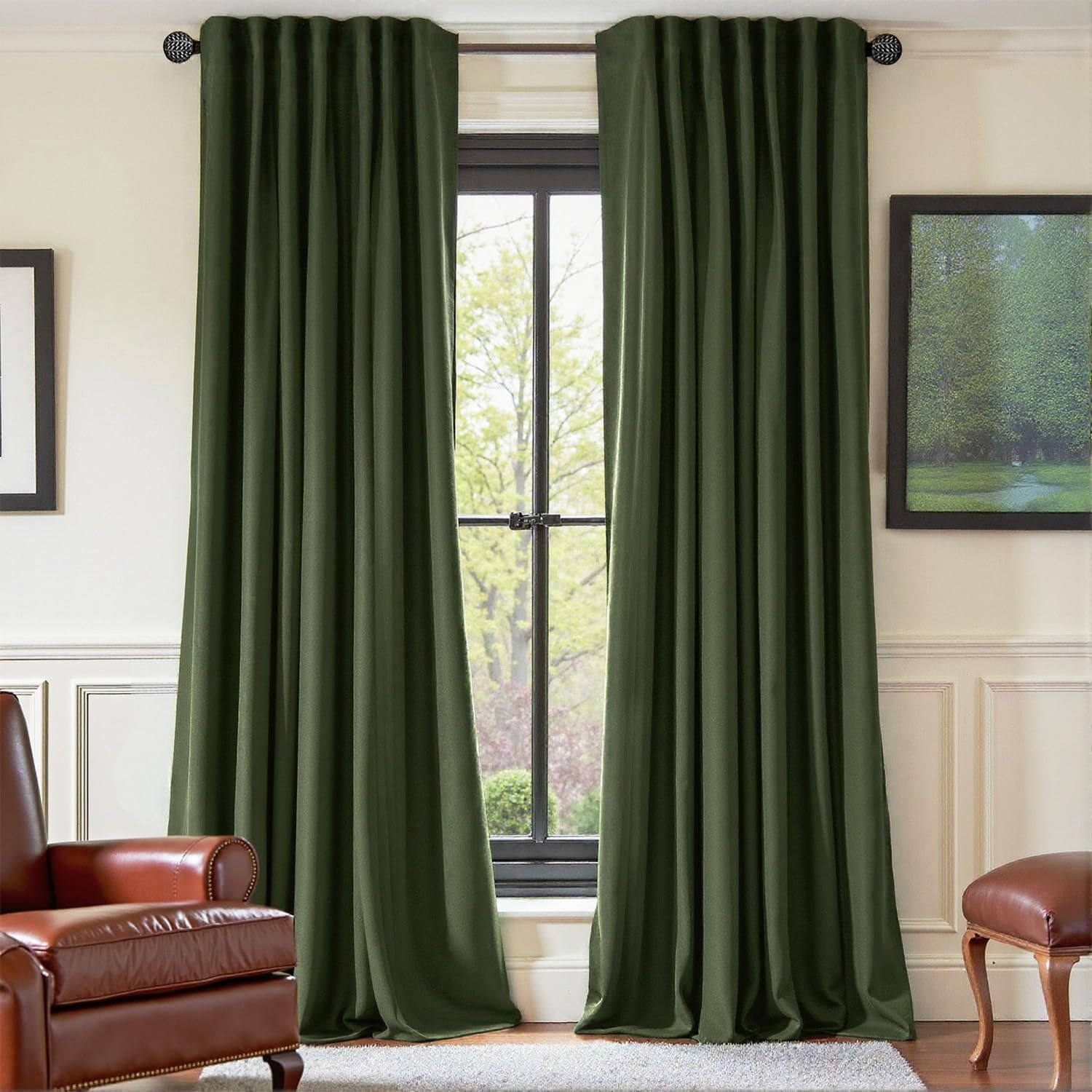 Olive Green Velvet Curtains Thermal Insulated Blackout Curtain for Bedroom Window Living Room Darkening Luxury Vintage 84 Inches Long Heavy Drapes Panels Back Tab Set of 2