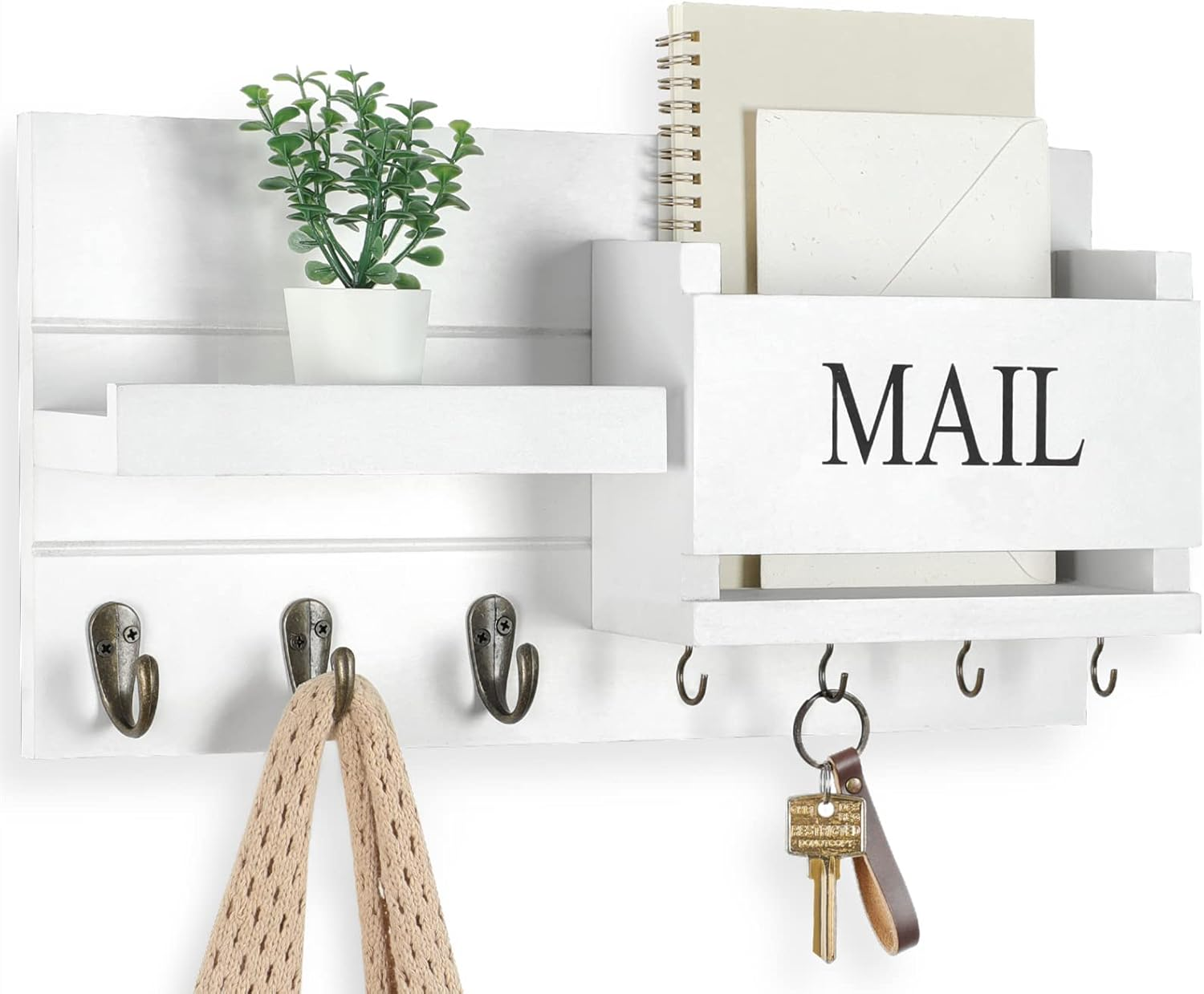 Mail Organizer for Wall Mount – Key Holder with Shelf Includes Letter Holder and Hooks for Hallway Farmhouse Decor – Rustic Wood with Flush Mounting Hardware (16.5” X 9.1” X 3.4”) (White)