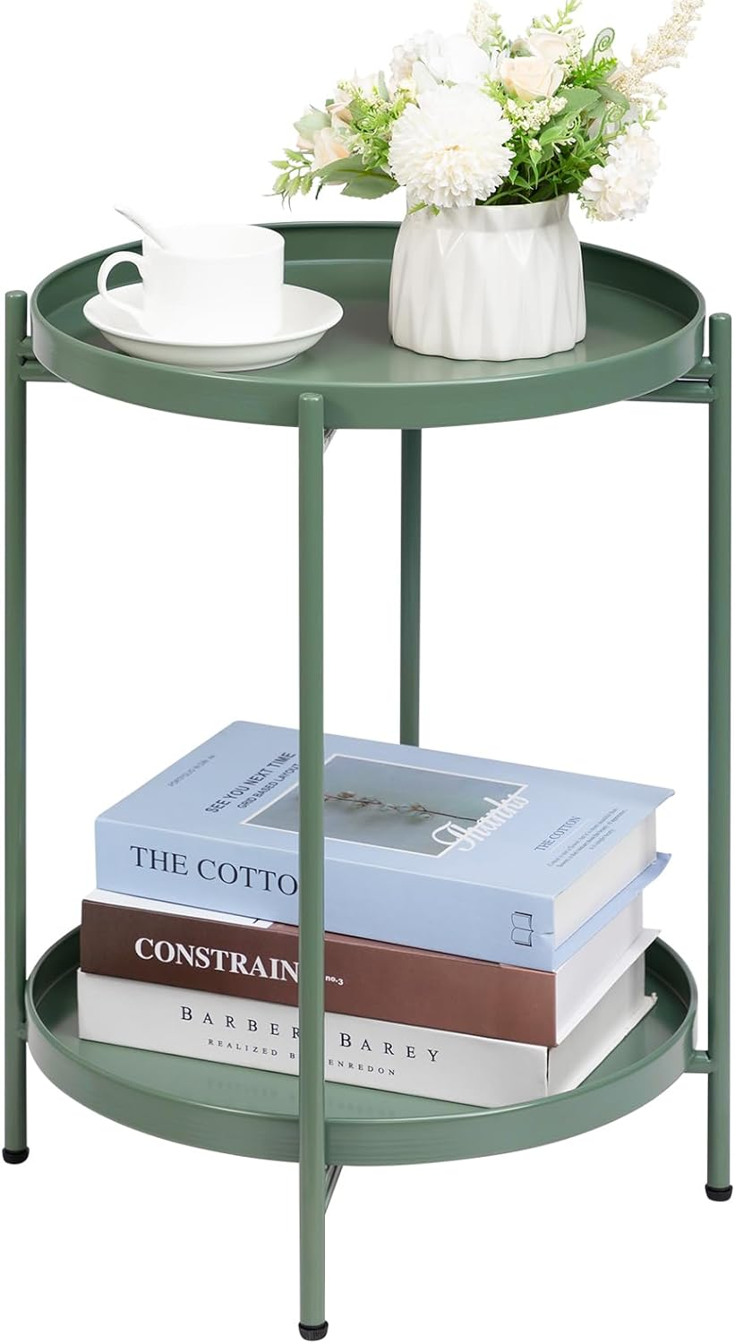 2-Tier round Side Table, Outdoor Small Folding Accent Stand with Removable Tray, Anti-Rust Metal Asional Table for Balcony Patio Living Room, Nightstand for Bedroom(Matcha Green)