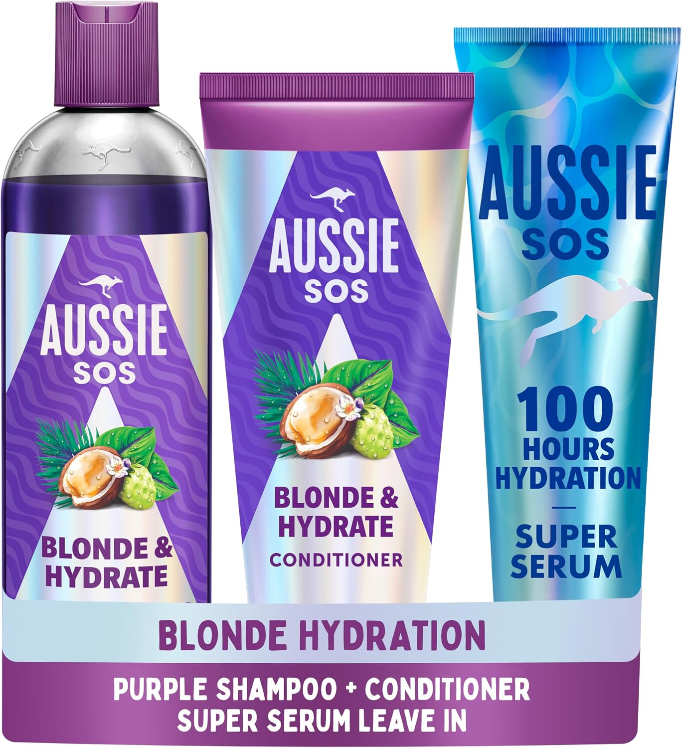 Aussie Blonde&Hydrate Set: Purple Shampoo, Conditioner,Super Serum Leave In