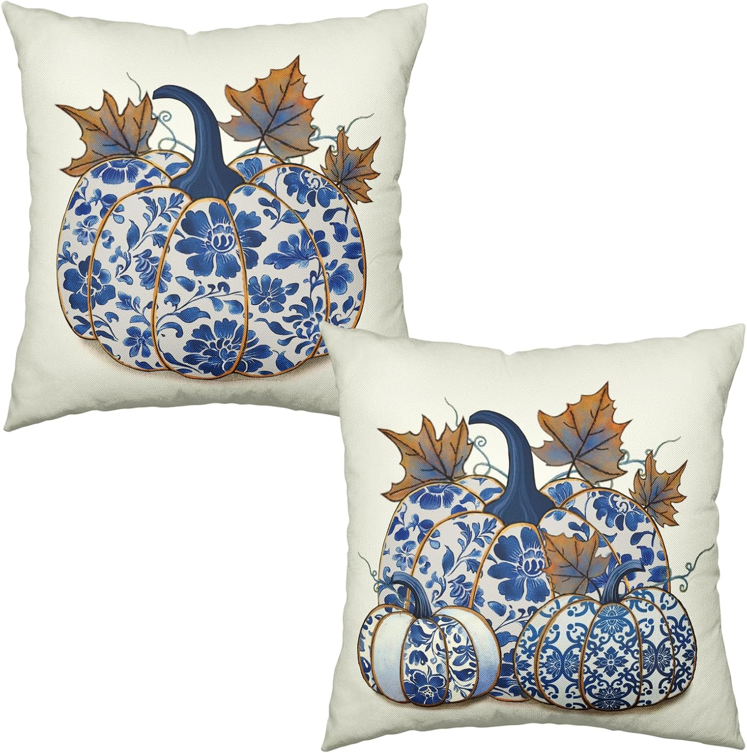 Fall Chinoiserie Pillow Covers 18x18 Set of 2 Blue and White Porcelain Pumpkin Leaf Flowers Autumn Outdoor Throw Pillows Thanksgiving Harvest Pillowcase for Sofa Couch Decor
