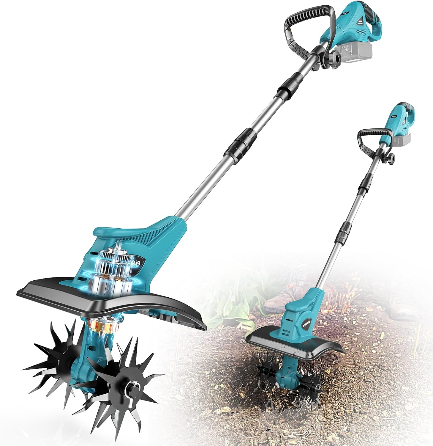 Cordless Tiller Cultivator Compatible with Makita 18V:  Tiller for Gardening 360RPM Electric Garden Tiller, Brushless Rototiller 9