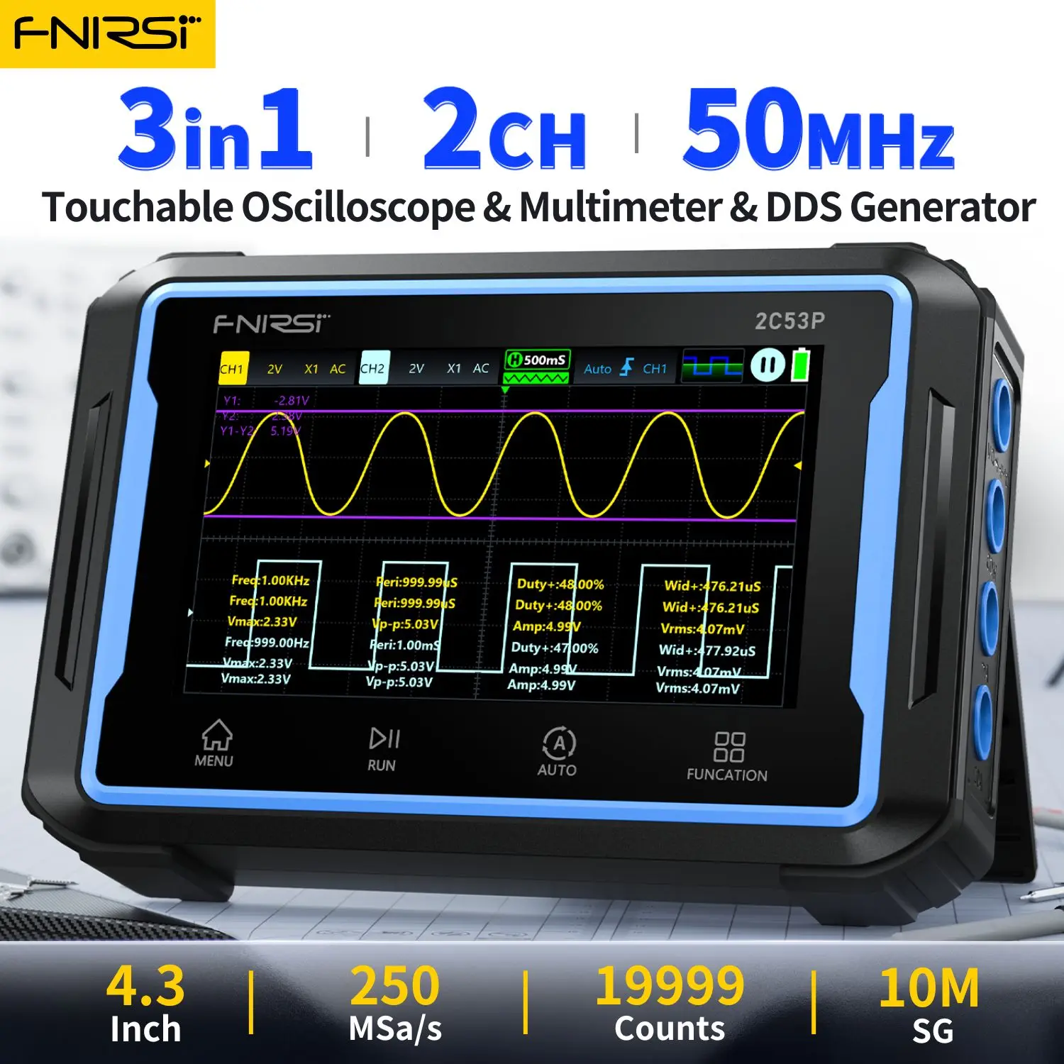 2C53P Touch Screen Digital Oscilloscope+Multimeter+Signal Generator 3IN1 Dual Channel 50MHZ Automatic Osciloscópio Tools