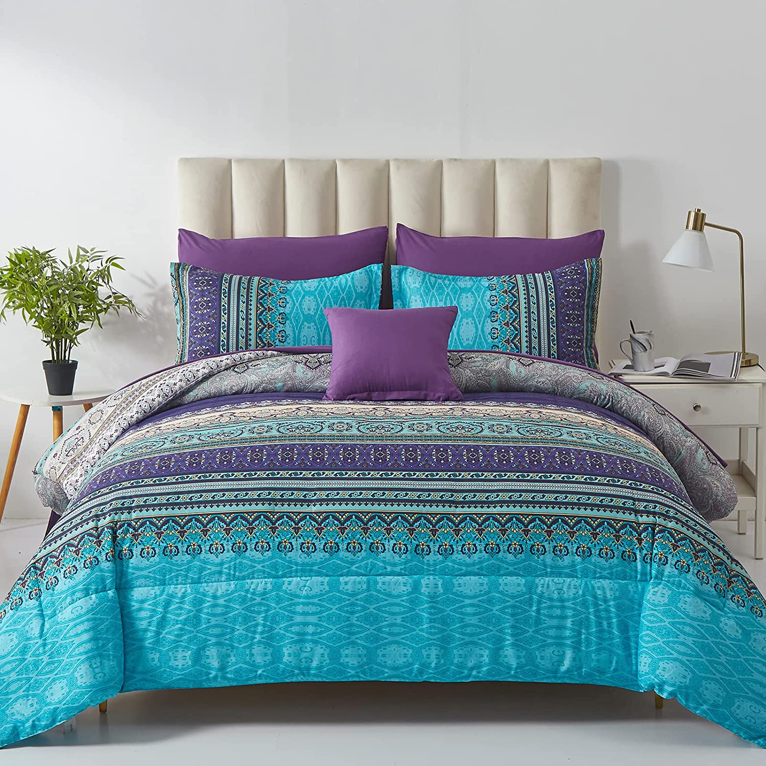 Boho Comforter Set Full Size 8 Piece Bed in a Bag Bohemian Striped Bedding Quilt Set Aqua Paisley Floral Comforter and Sheet Set,Soft Microfiber Complete Bedding Sets for All Season