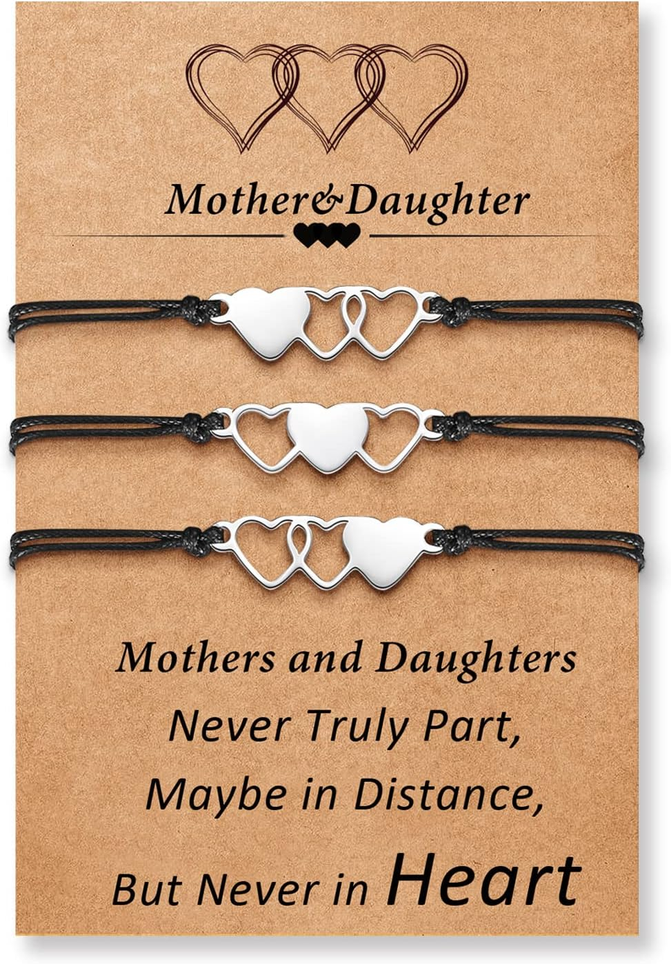 Mother Daughter Bracelets Set for 3 - Mommy and Me Matching Heart Wish Bracelets