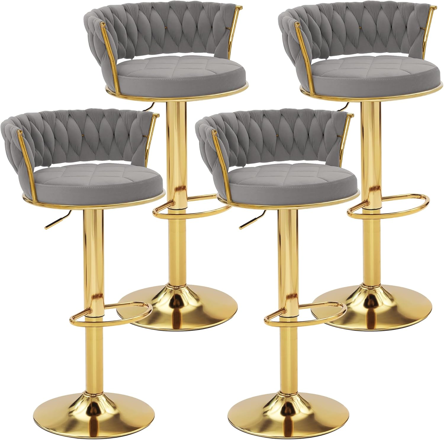 Bar Stools Set of 4, Adjustable Barstools Counter Height Stools with Back and Arm, Velvet Woven Kitchen Island Stools W/Gold Metal Leg & Base, 360° Swivel Bar Chair, Light Grey