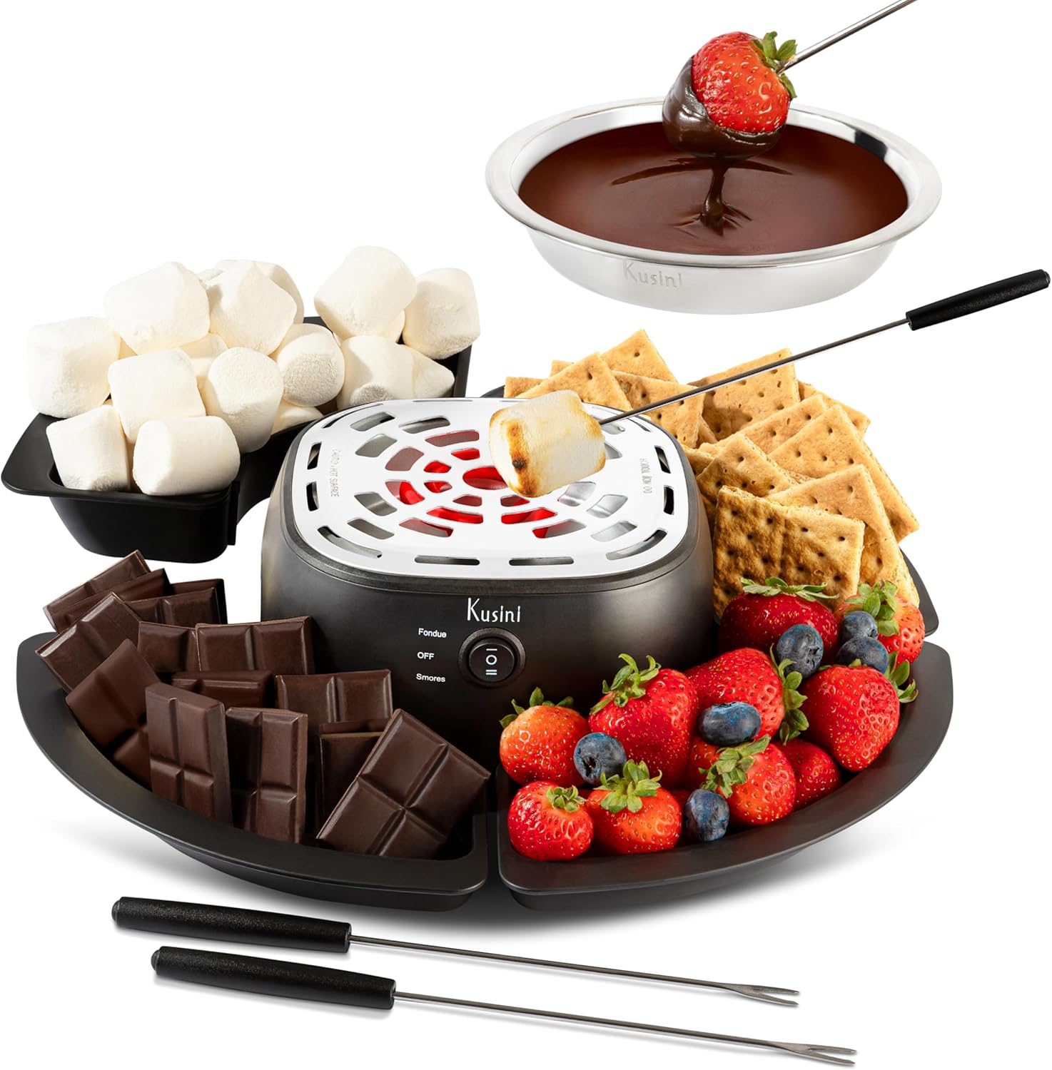 2 in 1 Electric Fondue Set & Smores Maker Tabletop Indoor Kit with Removable Trays & 4 Skewers – Smores Station Chocolate Melting Pot - Unique Couple Gift Set Idea, Date & Movie Night Supplies