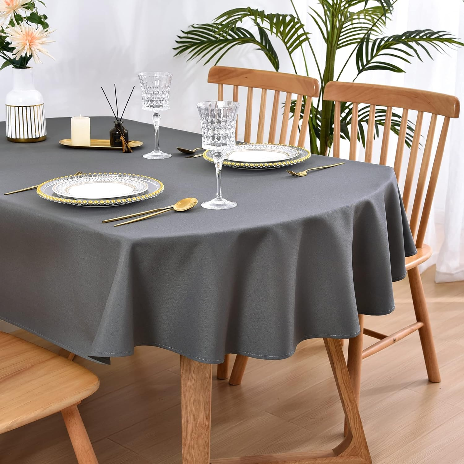 Oval Tablecloth 60 x 84 Inch Washable Fabric Table Cloth Solid Grey Table Cover for Dining Wedding Party Banquet Tabletop Decoration