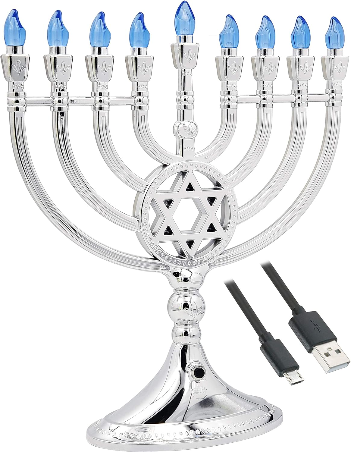 Traditional LED Electric Silver Hanukkah Menorah - Battery or USB Powered - Includes a Micro USB 4' Charging Cable