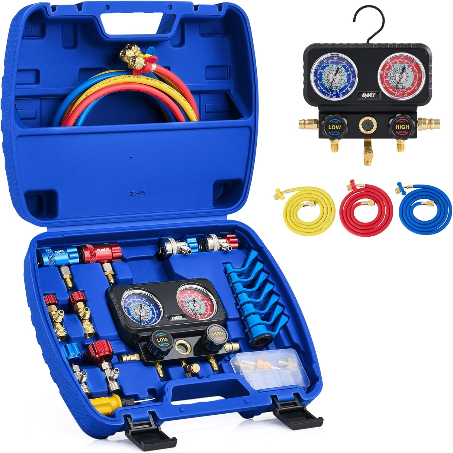 AC Gauges, 3 Way Manifold Gauge Set for R1234Yf R134A R410A Refrigerant, Automotive Gauge Set with Hoses Quick Couplers Self Sealing Can Taps for Car Freon Charging & Evacuation