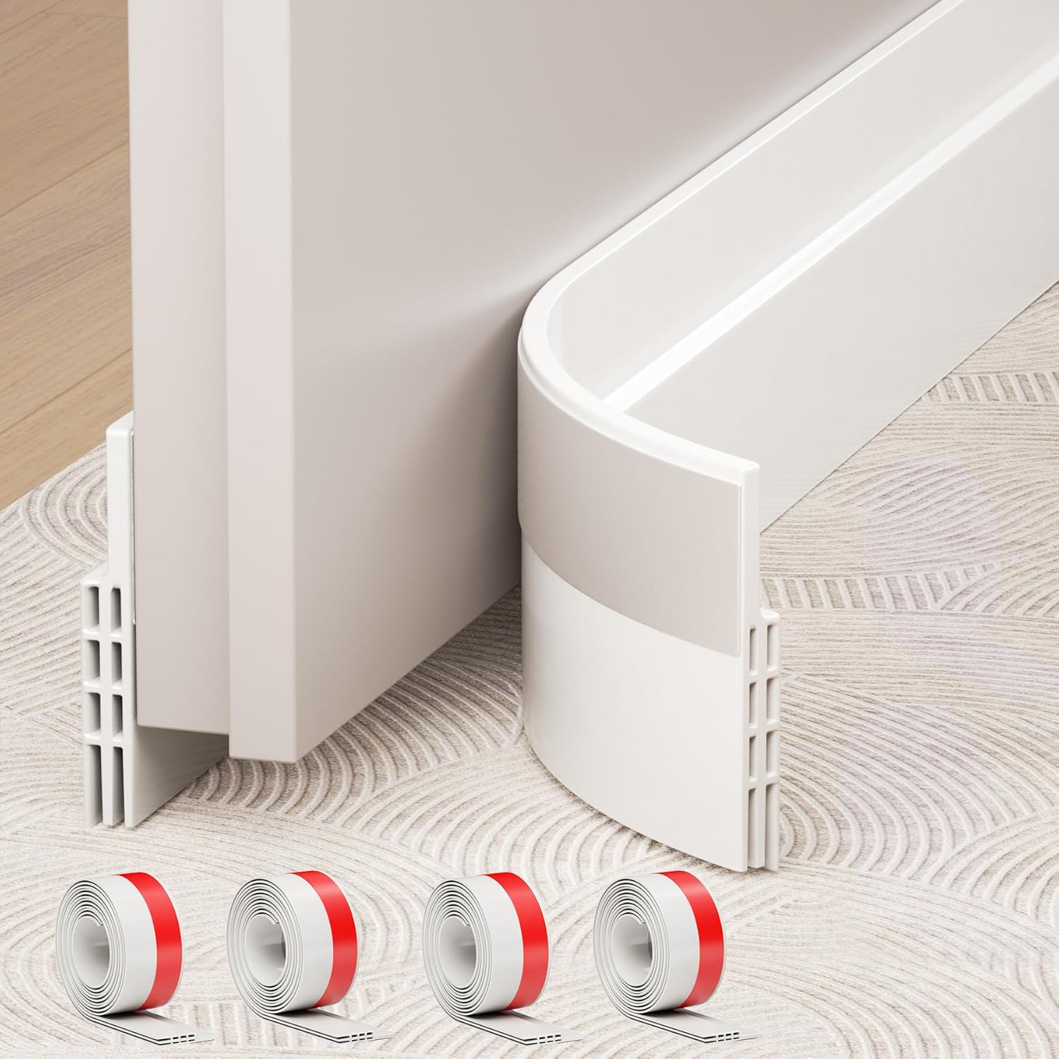 4 Pack under Door Draft Stopper, Adjustable Door Sweep Anti-Collision Strong Adhesive Weather Stripping Tape Soundproof Draught Stoppers 2" W X 39" L, White