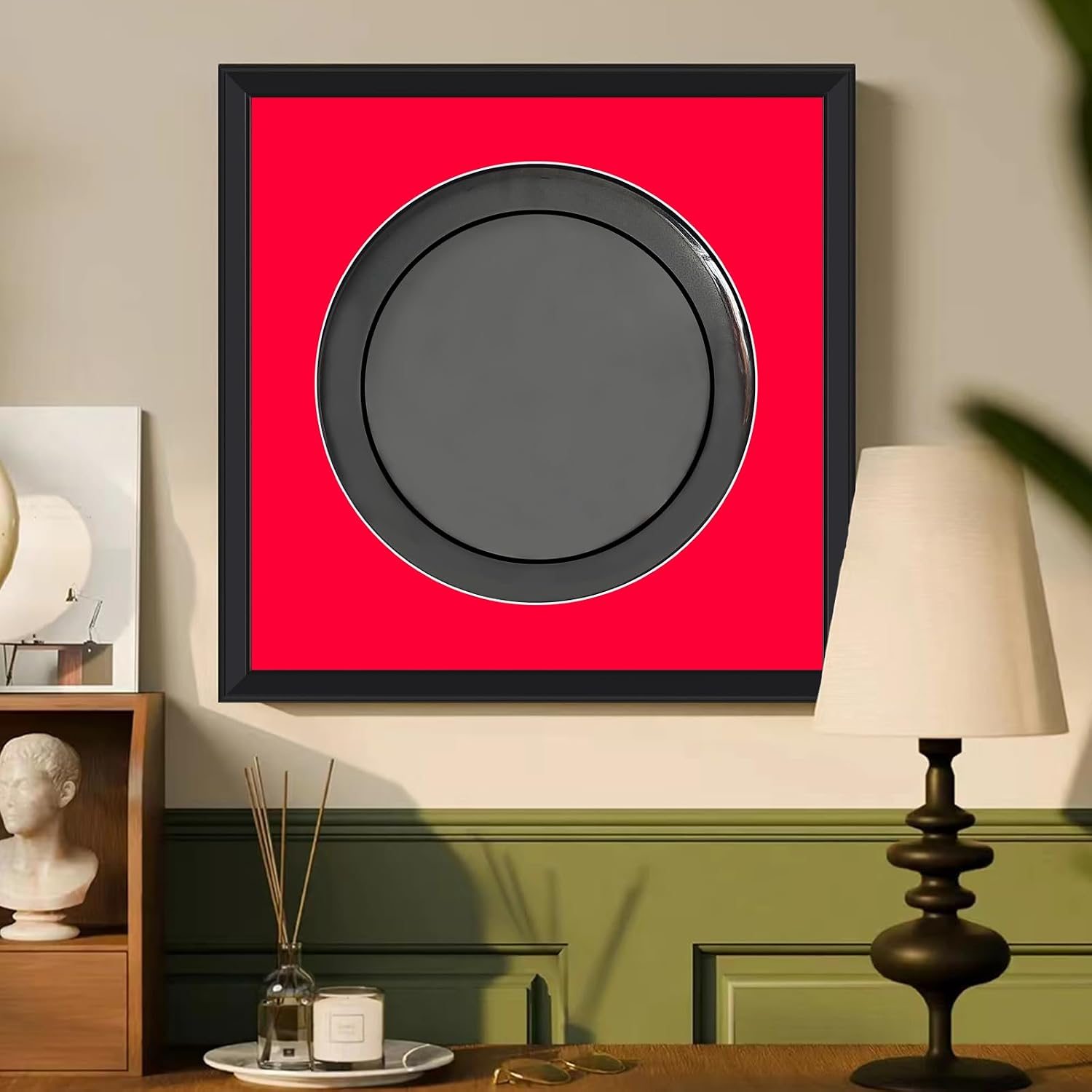 Drum Head Shadow Box,14" Drum Head Display Frame,Autographed Drum Head Display,Wall Mount Wooden Drum Head Display Case Cabinet,98% UV Resistant with Glass Panel,With Black/Red Double Pad,18.9 X18.9