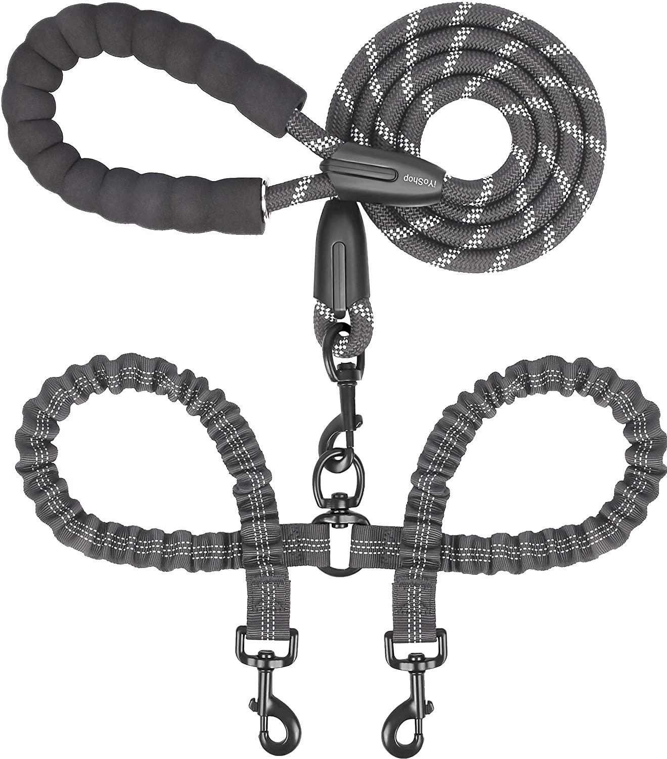Dual Dog Leash - 360° Swivel, No Tangle Walking Leash with Shock Absorbing Bungee for Two Dogs (Large, 25-150 Lbs, Black)