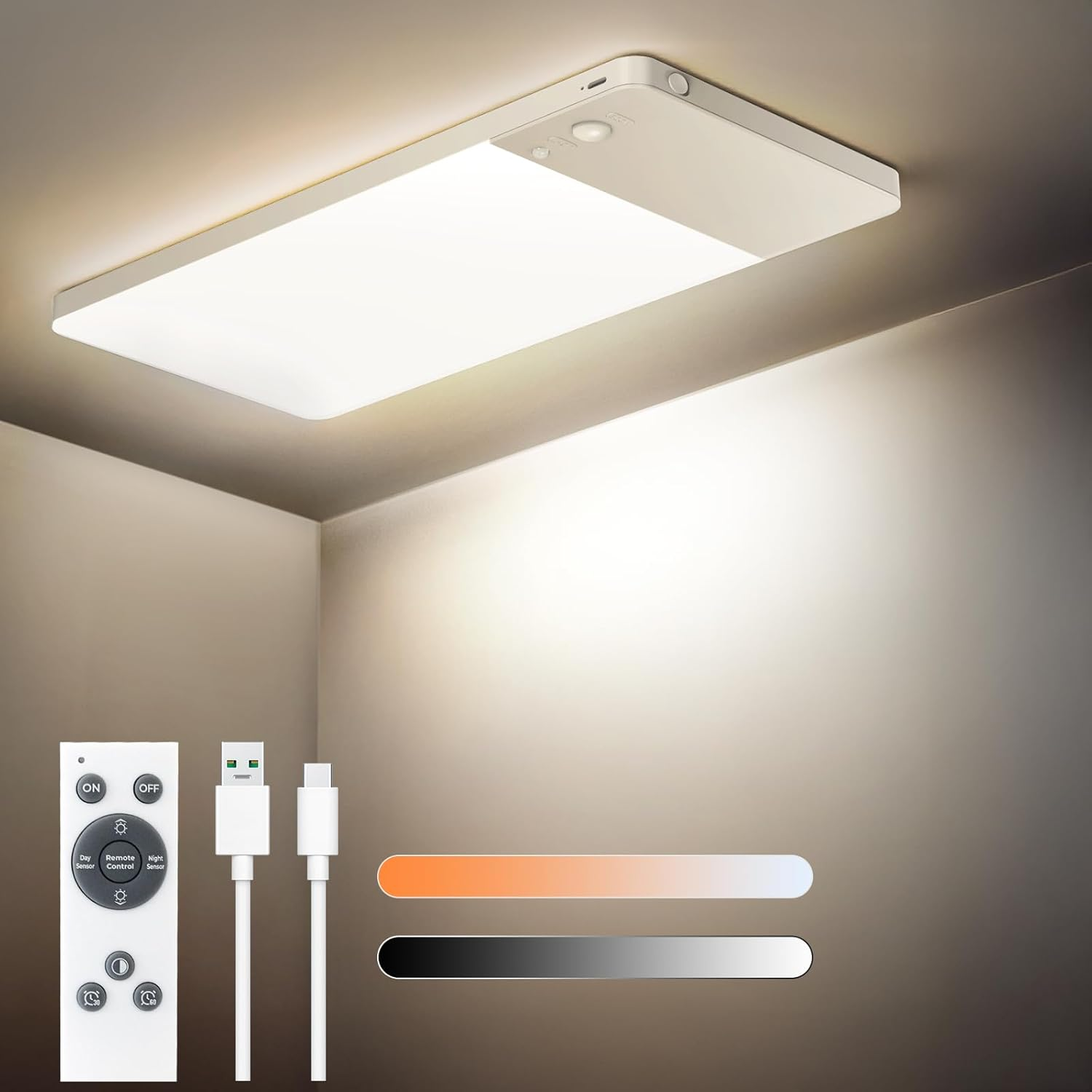Rechargeable Motion Sensor Lights Indoor, Upgraded Wireless Ceiling Lights with Remote Control,12000Mah Battery Operated Wall Lights for Bathroom,Porch,Pantry,Closet Light (3000K-6500K,1 Pack)