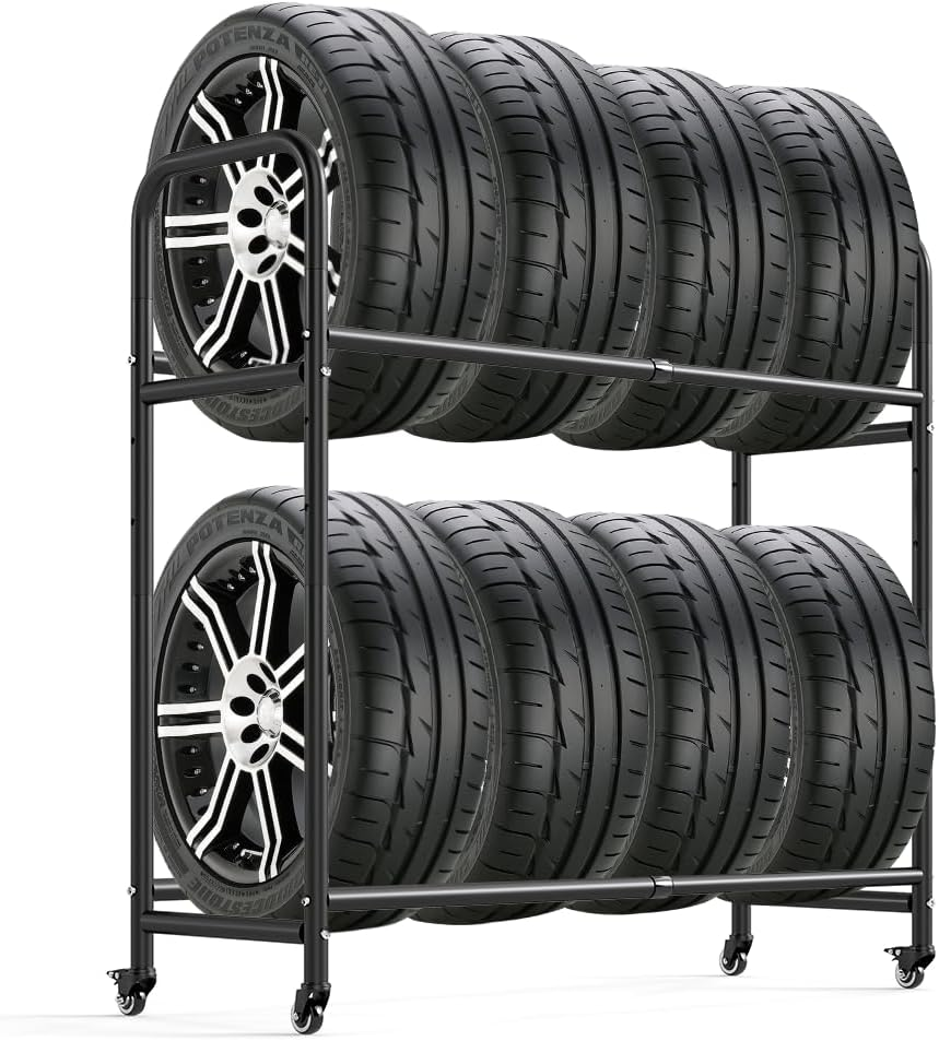 2-Tier Mobile Tyre Storage Rack with Wheels for 8 Tyres Heavy‑Duty