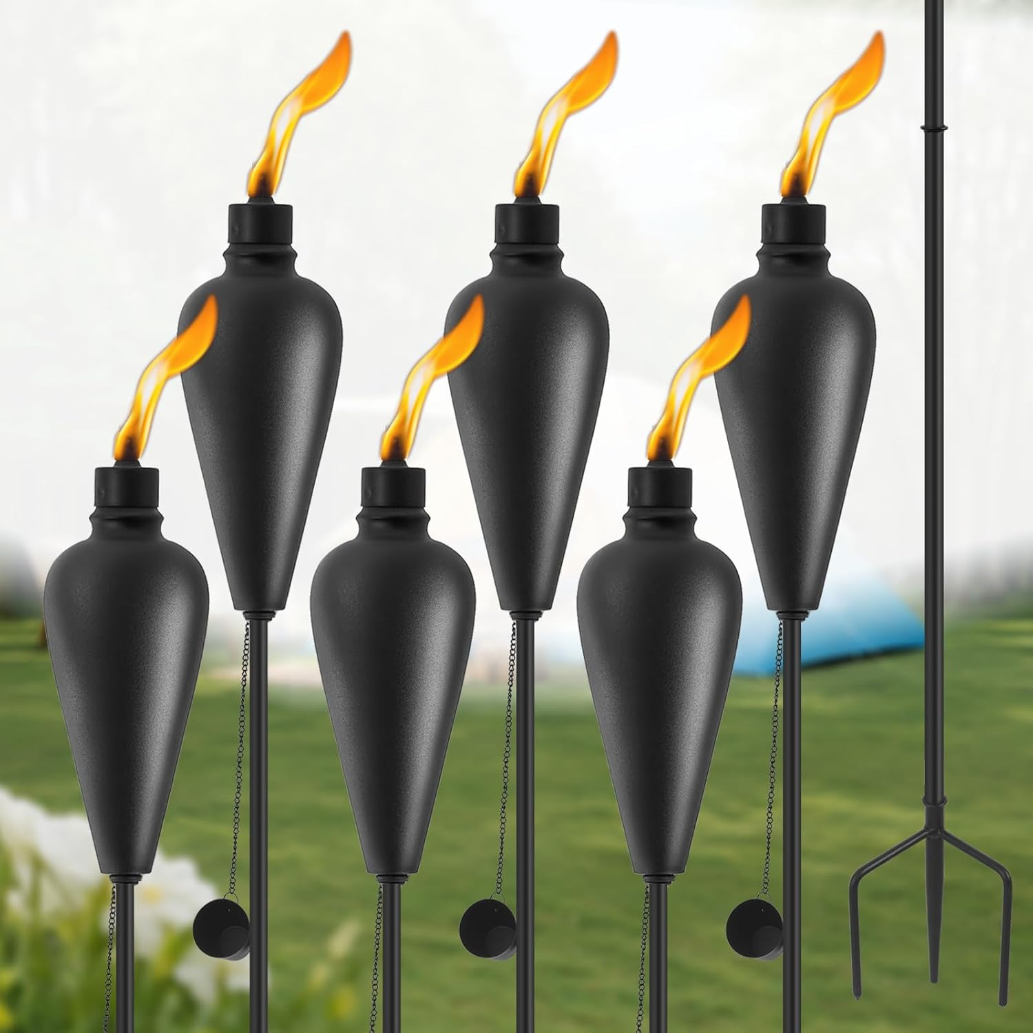 6 Pack Citronella Torches Outdoor, Metal Tiki Torches for Outside, 59.5 Inch Upgraded Garden Torch with 3-Prong Grounded Stake, Patio Pathway Party Decorative Outdoor Light Torches, (Black)