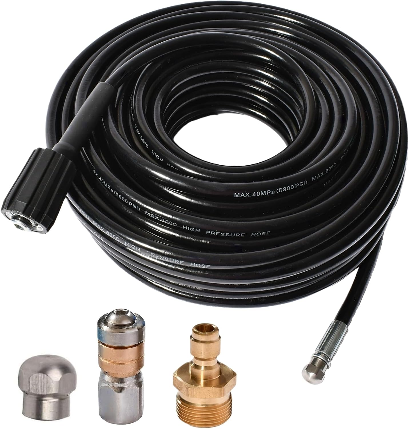 25FT 5800 PSI Pressure Washer Hose Jetter Nozzles Kit 1/8”NPT Sewer Drain Rotating Quick Connect Nozzle Button Nose with M22-14/15Mm Double Rod Thread Brass Replacement