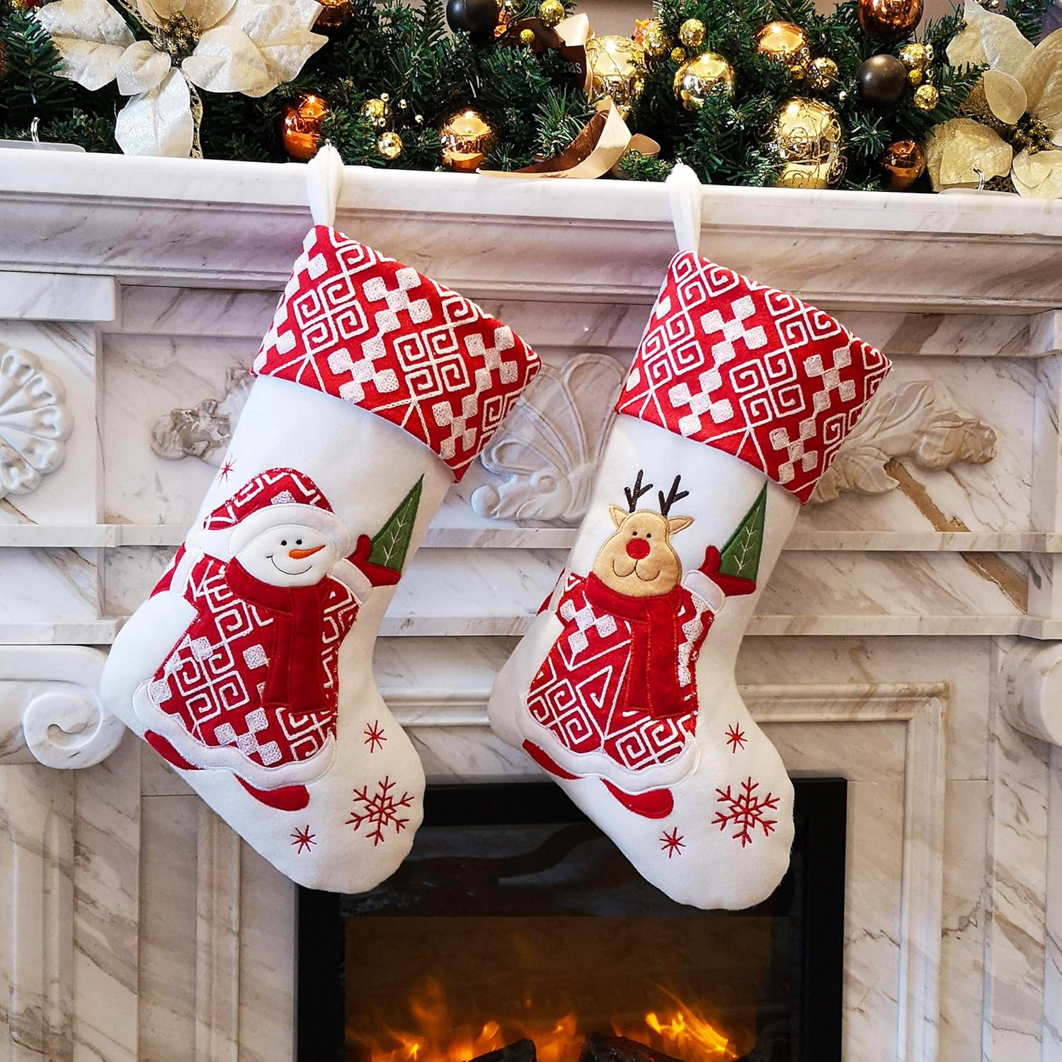 WEWILL Classic Christmas Stockings Set of 2 Santa, Snowman Xmas Character 17 Inch (Style 4)
