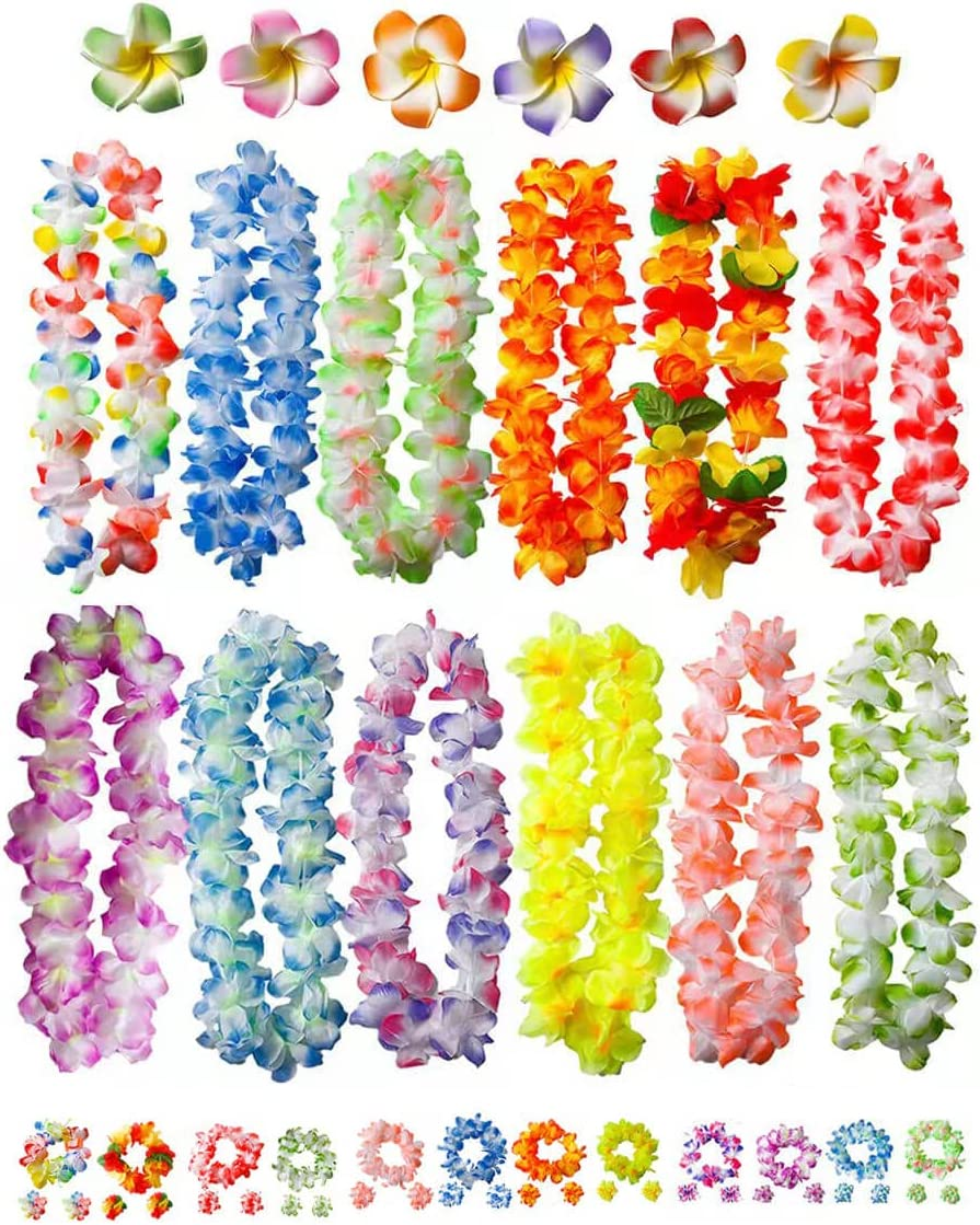 50 PCS Soft Hawaiian Leis Luau Party Decorations Tropical Favors Lei Flower Hair Clip,Headbands and Wristbands Perfect for Your Hawaii Luaus Party.