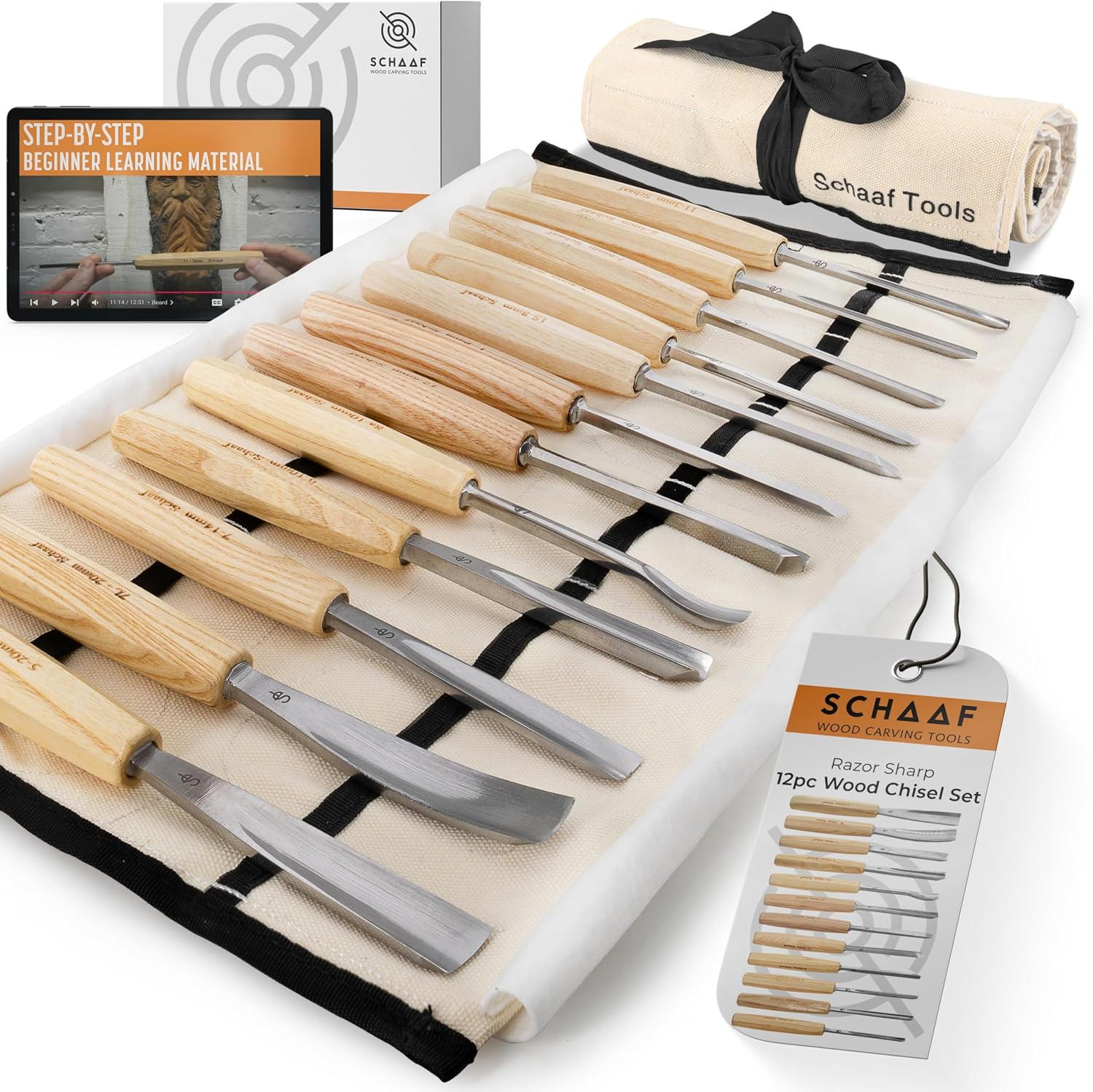 Schaaf Wood Carving Tools 12-Pc Wood Chisel Set with Gouges, Cr-V 60 Steel