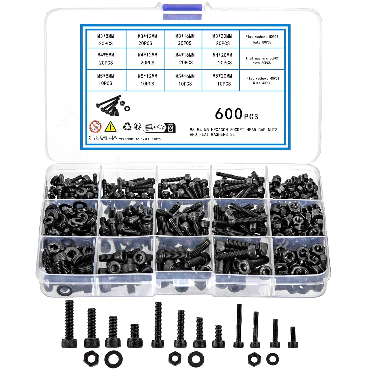 600 Pcs Metric Screws Bolts and Nuts and Washers Assortment Kit, Hex Socket Head Cap Nuts and Bolts and Flat Washers, Metric Machine Screws Assortment Kit