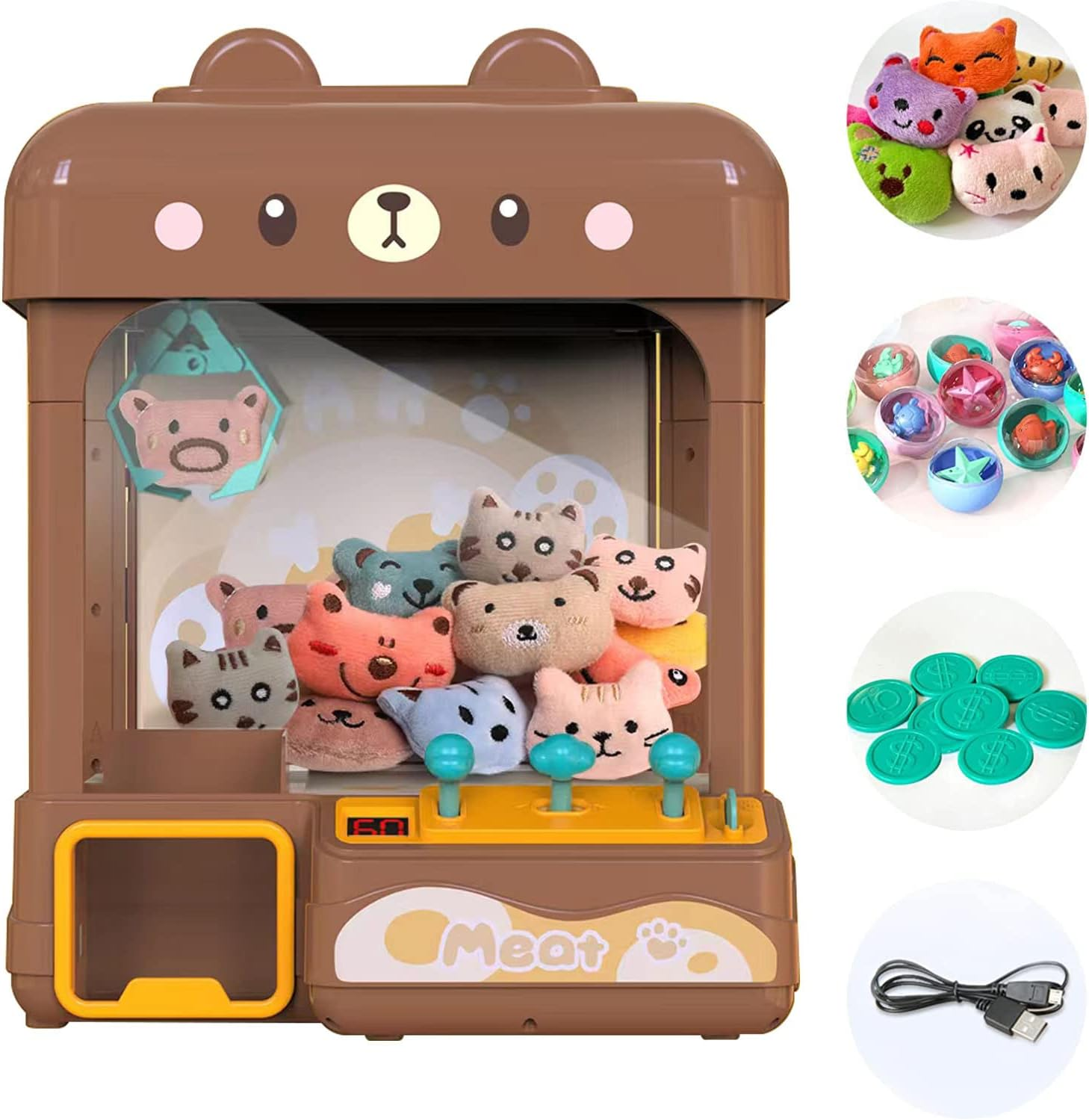 Large Claw Machine for Kids Adults with Prizes, Adjustable Sound & Light, Mini Vending Machine for Girls Boys, Electronic Arcade Crane Game, Candy Dispenser Toy for Party Birthday Gifts, Bear
