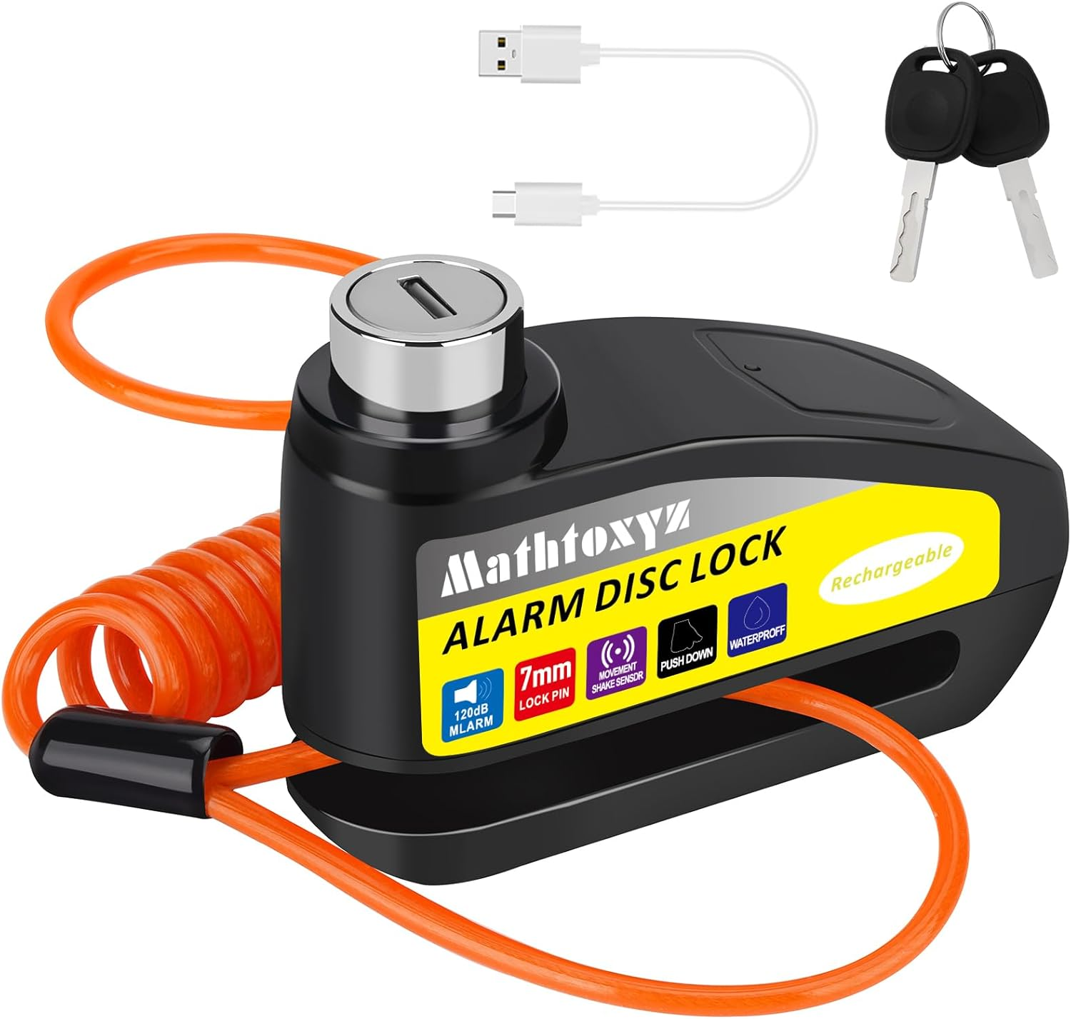 Motorcycle Lock Rechargeable, 120Db Alarm Disc Brake Locks Anti-Theft Security Wheel Disc Lock Waterproof with 5Ft Reminder Cable and Carry Pouch for Motorbike Bike Scooter