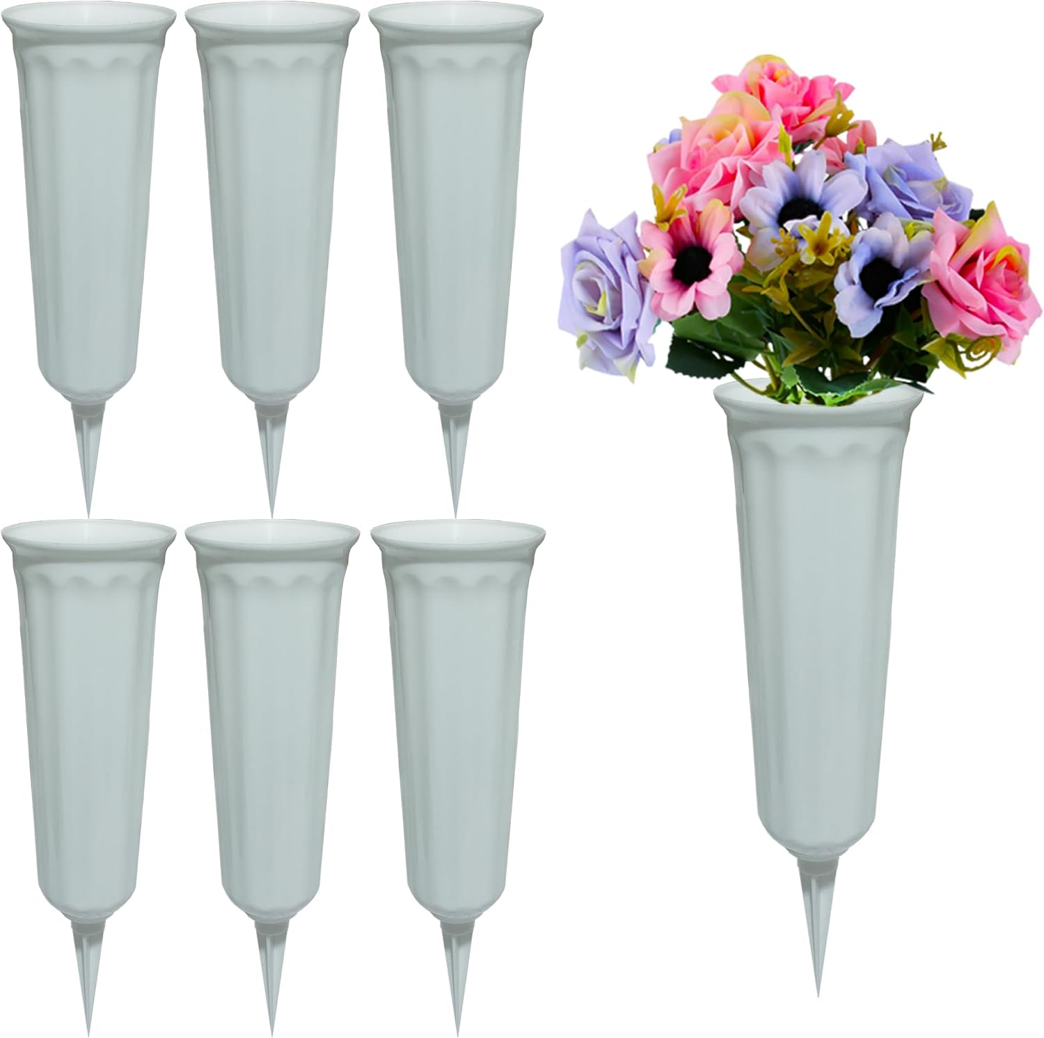Memorial Floral Vases, Cemetery Vase, Headstones Flower Holder, Grave Cone Vase, Flower Pots for Outdoor Plants, Decorative Plastic Containers (Set of 6, White)