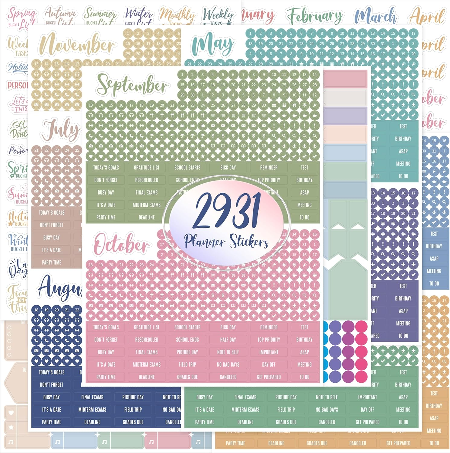 2931 Planner Stickers, Color Coordinating Monthly Functional Stickers Daily Calendar Stickers Aesthetic Note to Do Blank Stickers for Scrapbooks, Planner, Budget, Work, DIY Activity, Diary, Journal