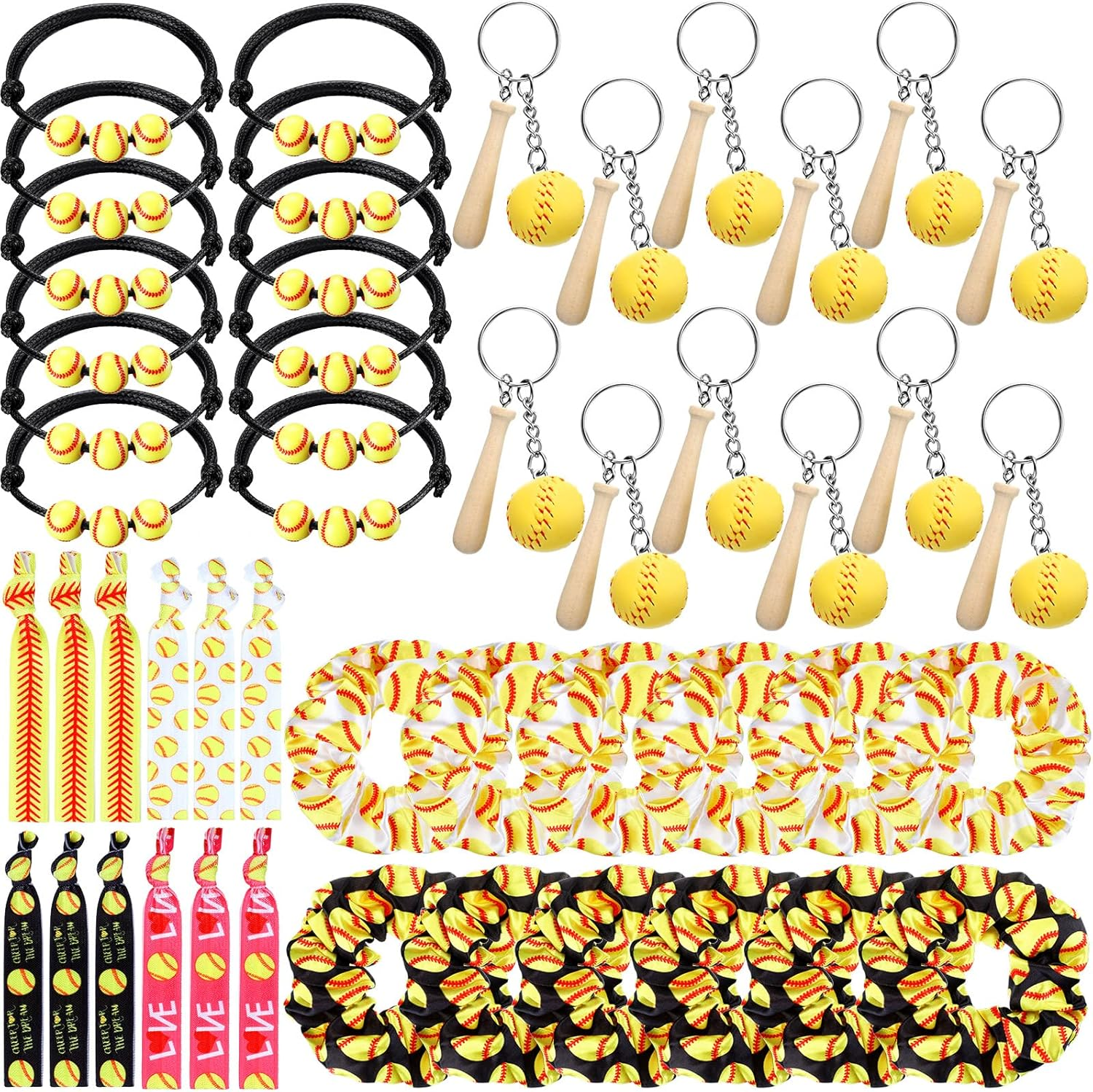 48 Pcs Softball Party Favors Set Including 12 Keychains 12 Hair Ties 12 Hair Scrunchies and 12 Charm Bracelets Softball Gifts for Women Team Sports Birthday Party Supplies Decoration