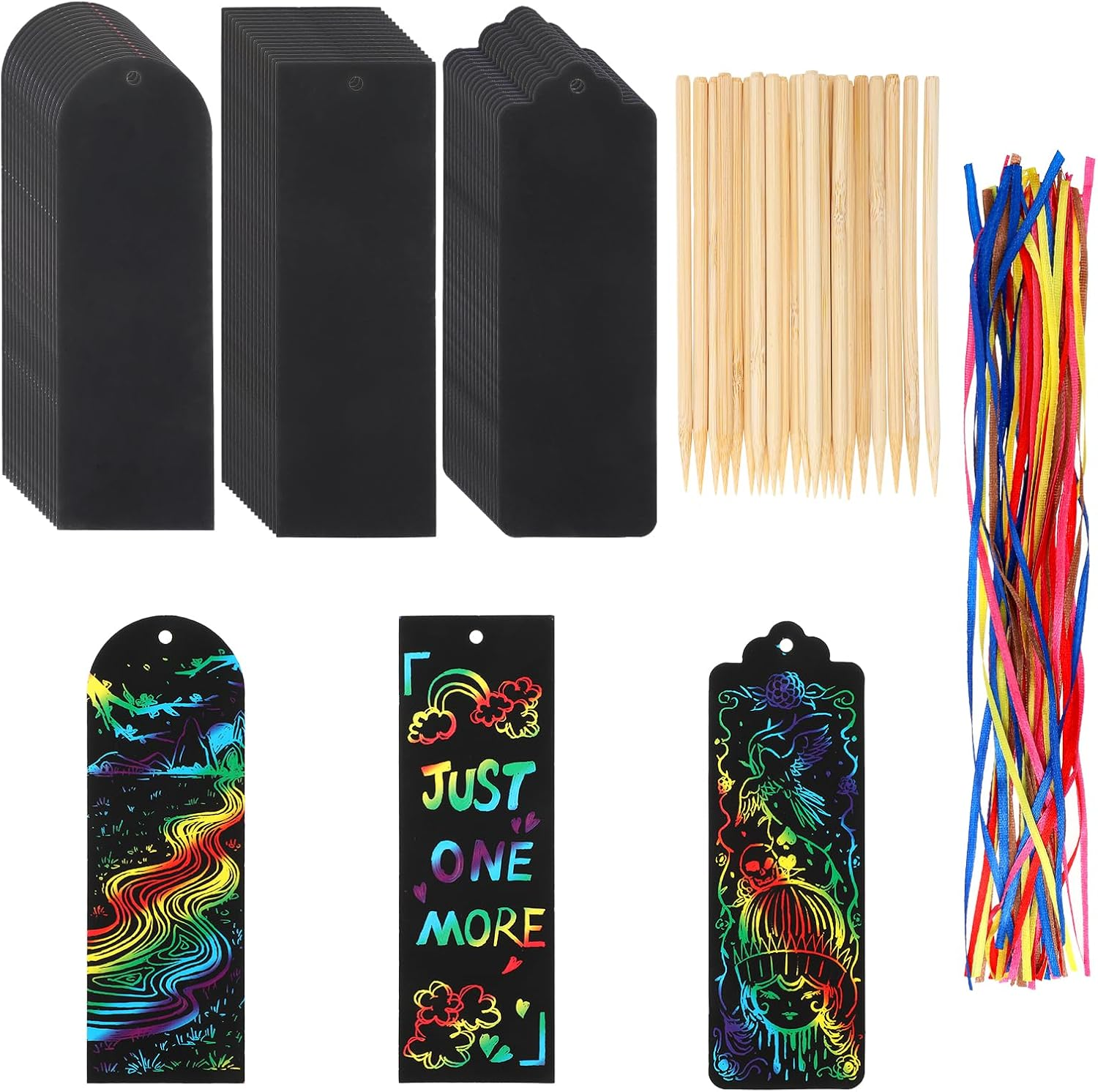 Dimeho Scratch Bookmarks, 48 Set Scratch Paper Art Bookmarks Craft Kits Party Favors Rainbow DIY Bookmark Hanging Gifts Tag with Scratching Tools Ribbon for Students Classroom Activities(3 Style)