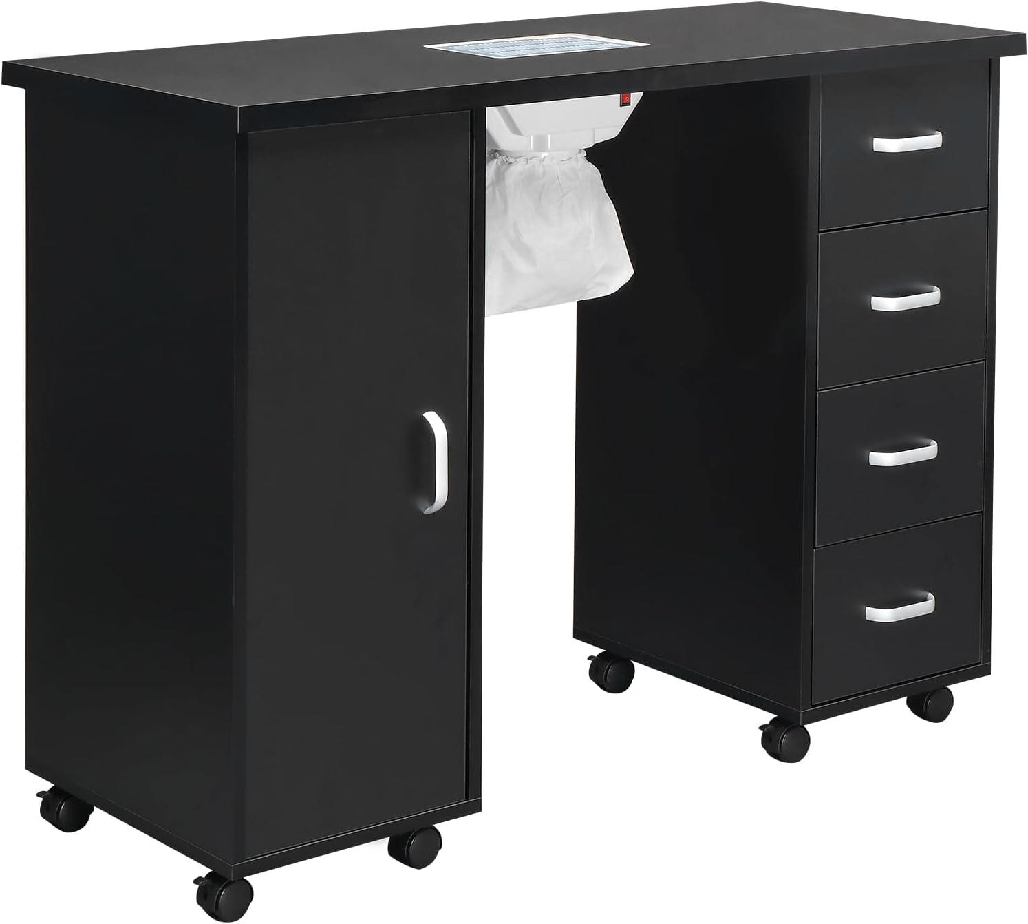 Nail Desk Manicure Table - Nail Tech Desk with Dust Collector - Nail Table with Electric Downdraft Vent - Beauty Spa Salon Workstation on Wheels - Single Door Cabinet and 4 Removable Drawers - Black