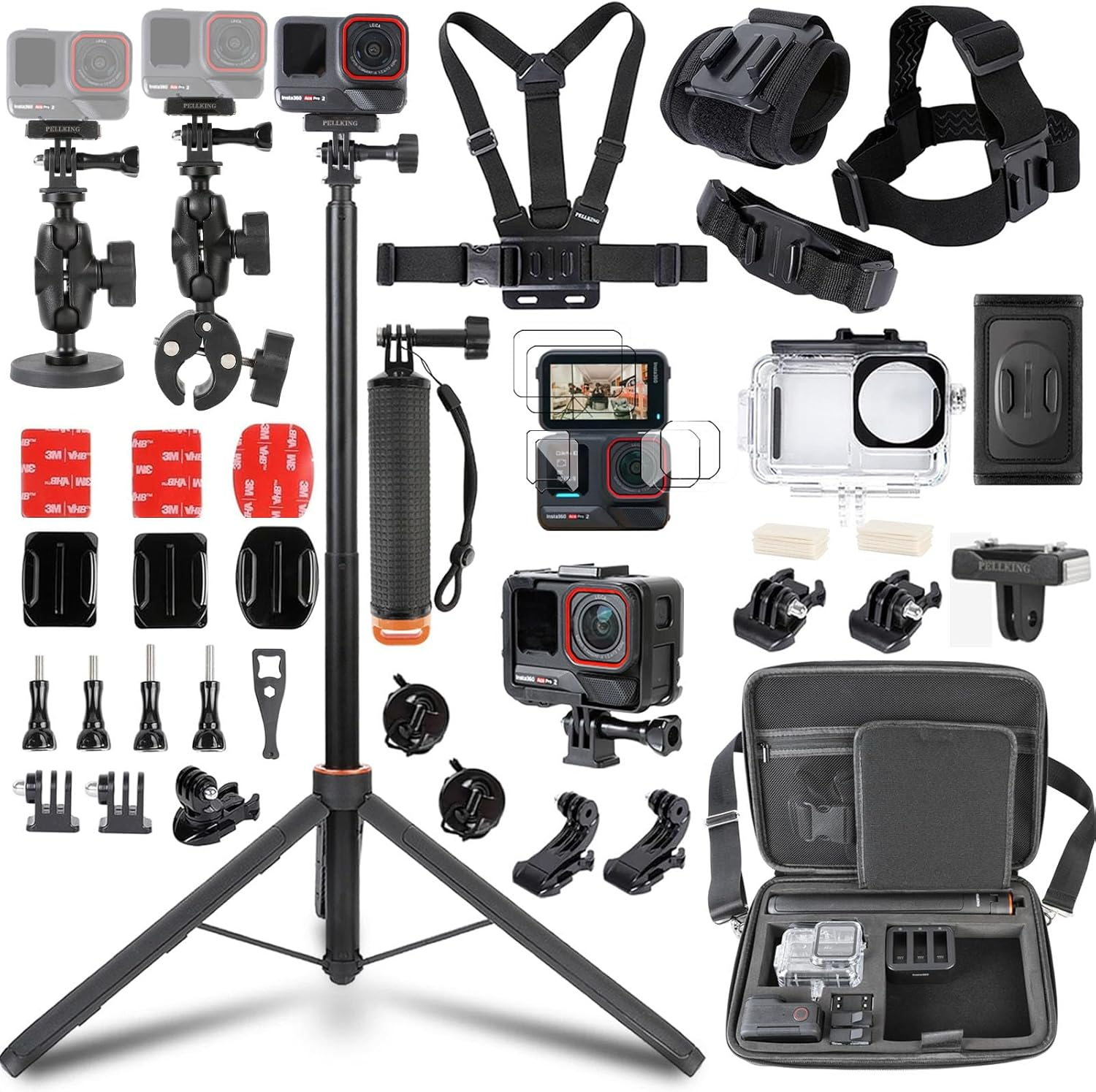 Accessories Kit for Insta360 Acepro2,Carrying Case with Belt 135Cm Selfie Stick Tripod Waterproof Housing Boder Frame Magnetic Handlebar Mount Qucik Release Clip 4 in 1 Body Mount
