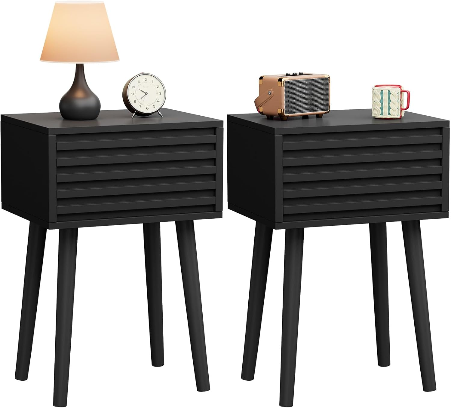 Mid-Century Modern Fluted Nightstand Set of 2 with Solid Wood Legs, Black