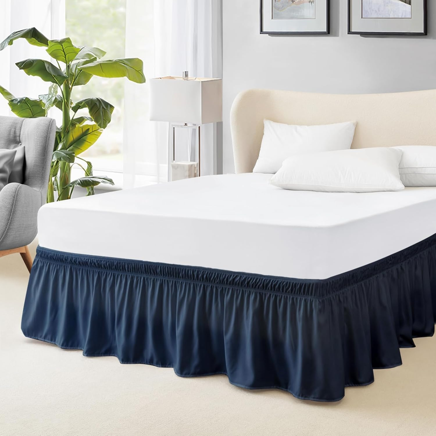 King Bed Skirt, Dust Ruffle for King Size Bed, Easy Fit with 15-Inch Tailored Drop, Elastic Wrap around Bed Skirt King Size, Hotel Quality Bed Skirts for Adjustable Bed (Navy Blue)