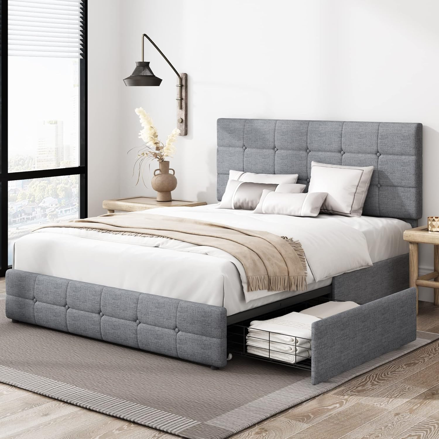 Modern Upholstered Bed Frame with 4 Storage Drawers, Platform Bed with Adjustable Button Tufted Headboard Design, Solid Wooden Slat Support, Easy Assembly, Full Size, Grey