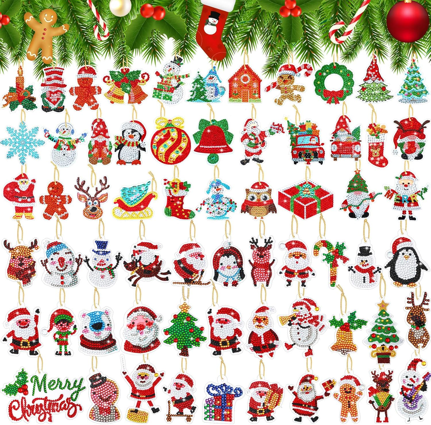 64 Pcs Christmas Diamond Art Ornaments Kits Xmas Diamond Art Kits for Adults Santa Claus Snowman Xmas Tree 5D Winter Hanging DIY Painting Keychains Gifts Crafts Family Home Decor(Classic Red)
