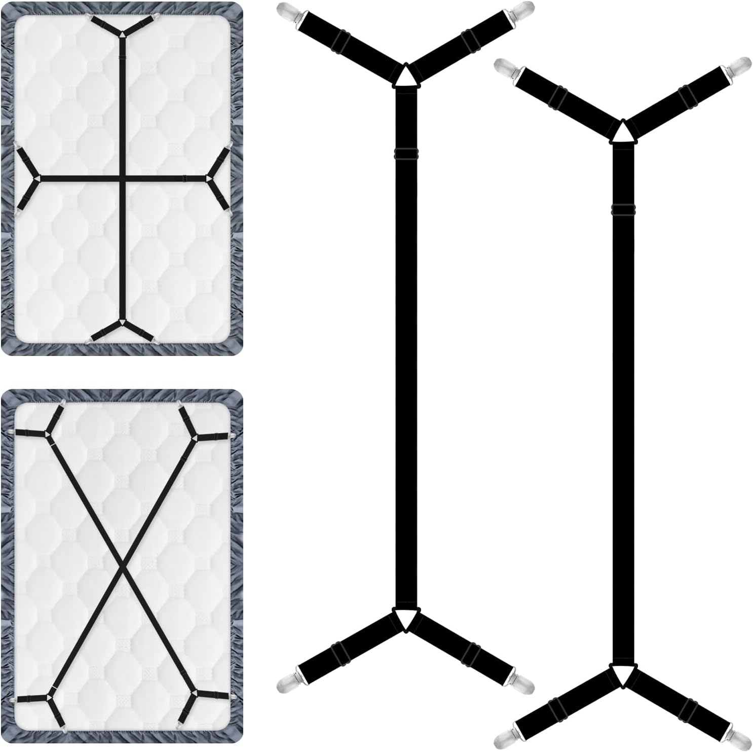 Bed Sheet Straps, 2Pcs Elastic Adjustable Bed Sheet Holder Straps, Fitted Sheet Straps to Hold Sheets in Place with Metal Clips, Sheet Holders for Mattress Cover, Sheet, Sofa Cushion (Black)