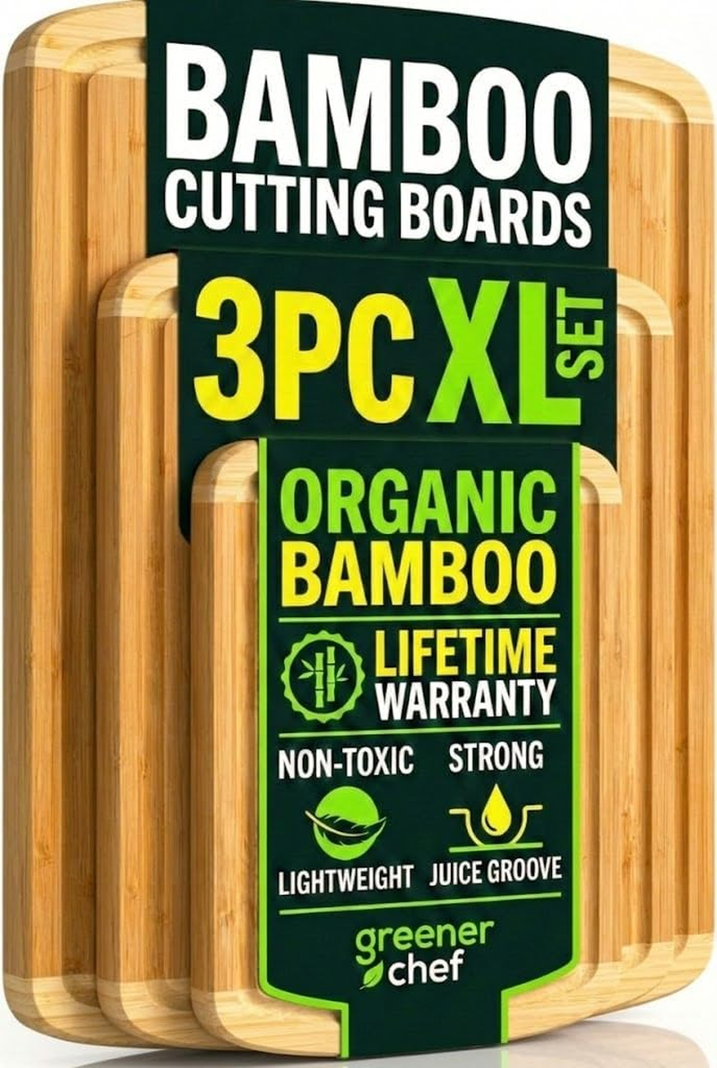 GREENER CHEF Organic Bamboo Cutting Board Set of 3 with Lifetime Replacements – Premium Extra Large Wood Cutting Boards for Kitchen with Juice Grooves for Carving & Serving, Non Toxic & Durable