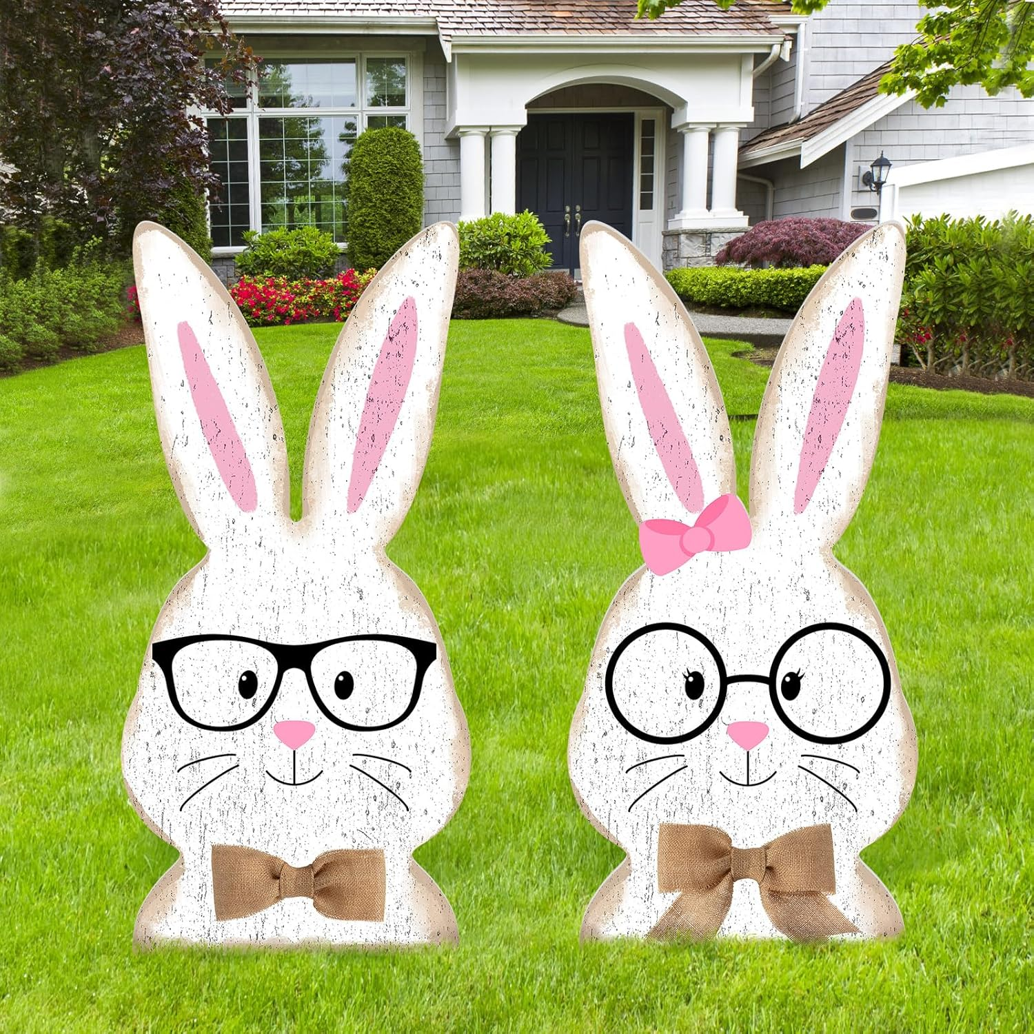 2 Pcs Easter/Spring Outdoor Decorations 16 Inch Yard Stakes Sign Metal Gnome/Bunny/Lavender Garden Stake for Outdoor Holiday Pathway Home Yard Lawn Garden Sign Decor(Rabbit)