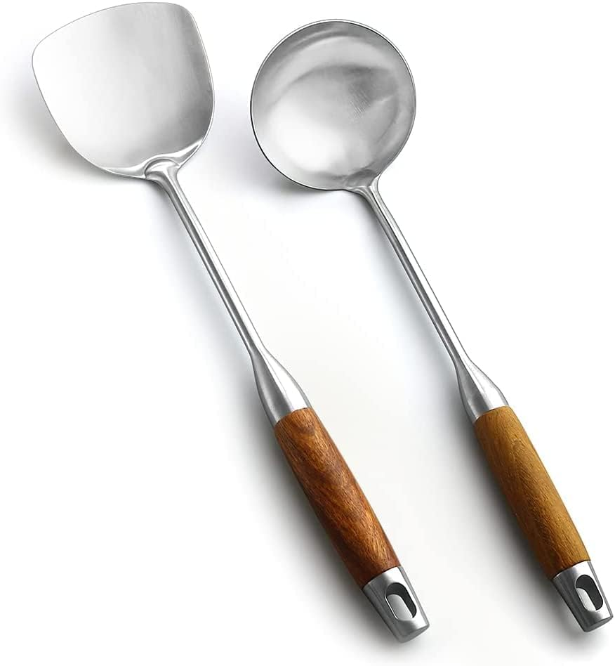 Wok Spatula & Ladle Tool Set,  304 Stainless Steel Cooking Utensils, Wooden Handle Wok Utensils Soup Ladle 15 inches Set of 2