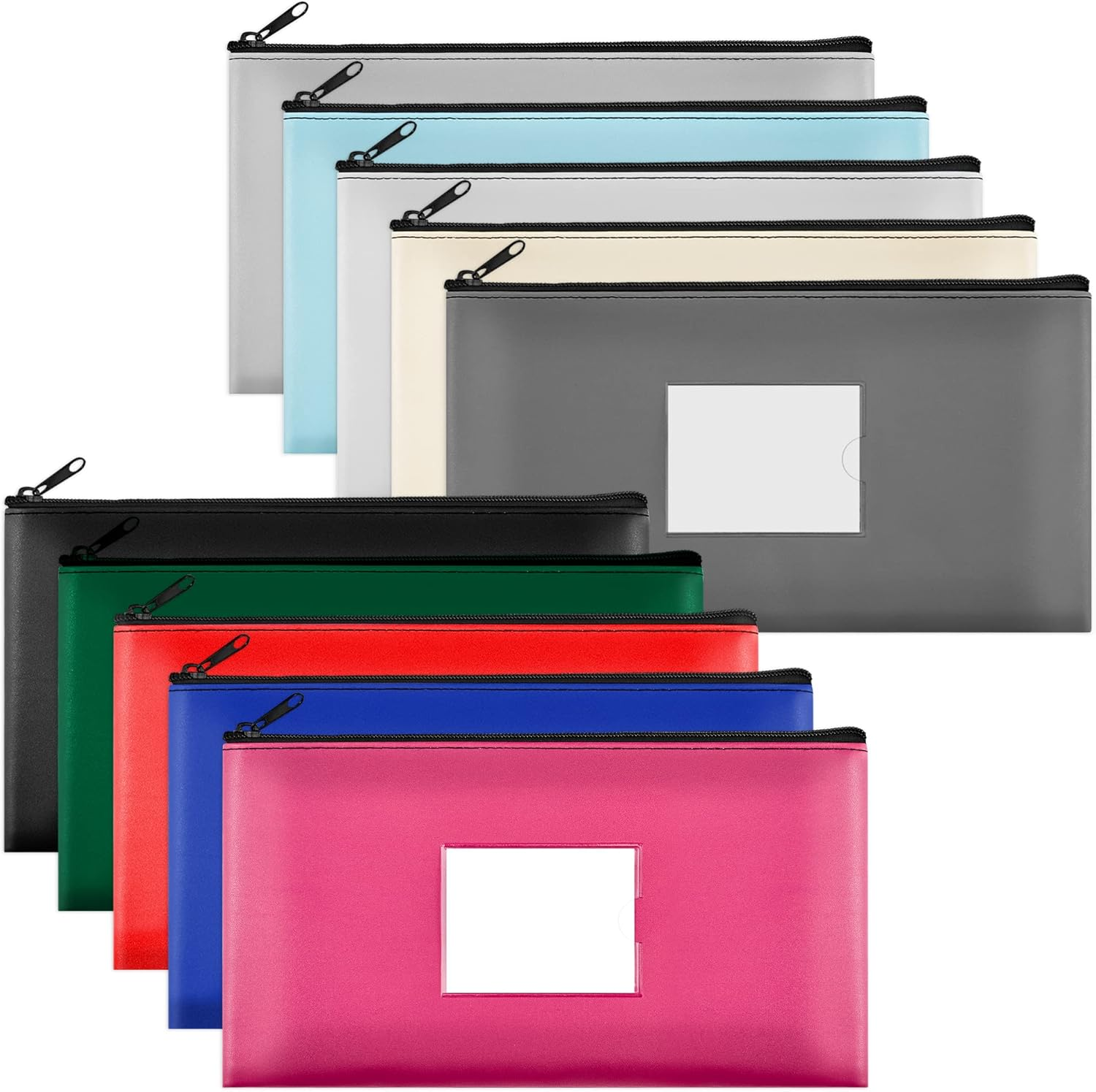 10-Pack Bank Deposit Money Bags with Zipper, 10 Colors Leather Bags Wallet Pouches with Label, Makeup Bags, for Cash, Coins, Cosmetics, Invoice, Bills, Tools, 11.5 X 6.2 Inches