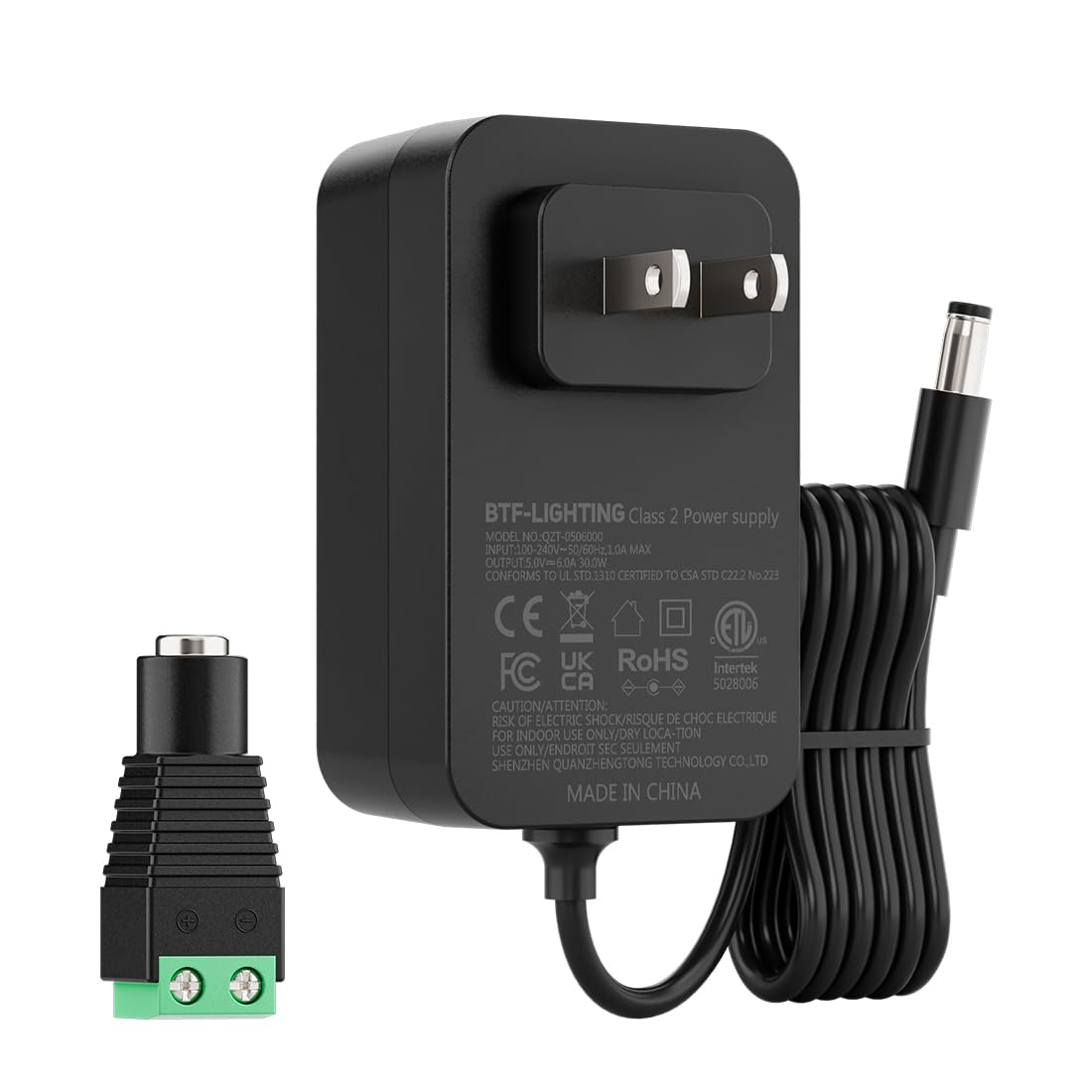 5V 6A 30W Power Supply Adapter ETL Listed 100-240V AC to 5V DC Converter Class 2 Power Supply, 5.5X2.1Mm Jack for for Low Voltage LED Strip Lights, CCTV, Router, Electronics