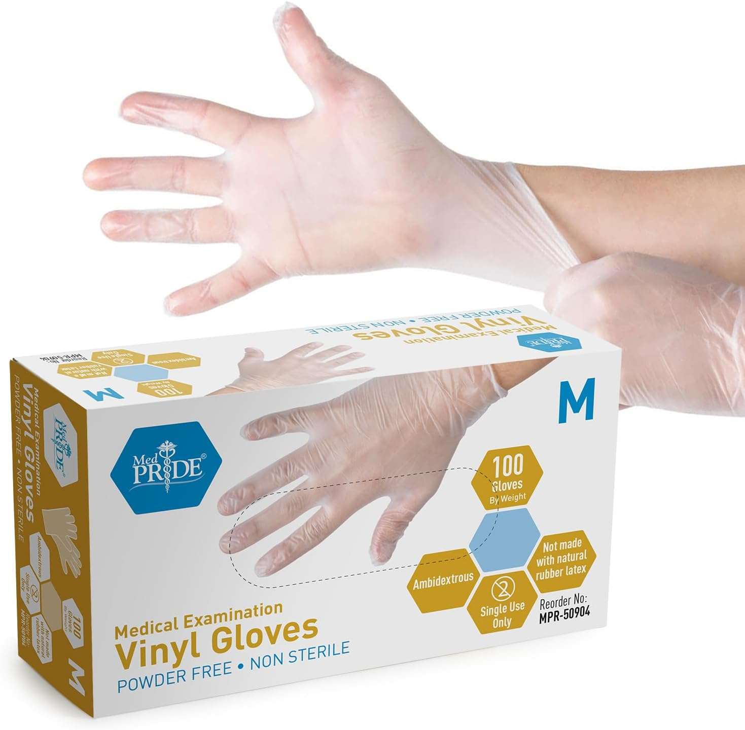 Medical Vinyl Examination Gloves (Medium, 100-Count) Latex & Rubber Free, Ultra-Strong, Clear Disposable Powder-Free Gloves for Healthcare & Food Handling Use