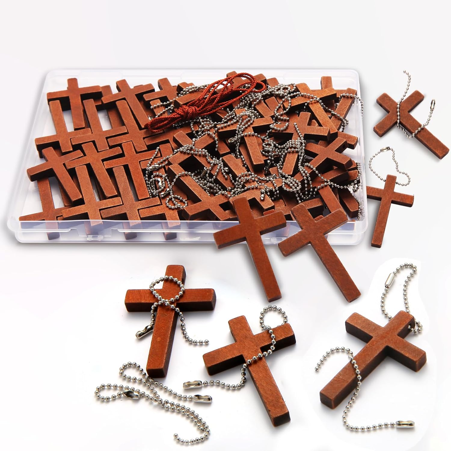 Wooden Pocket Cross - 70 Charms & 70 Chains, Natural Wooden Pendants