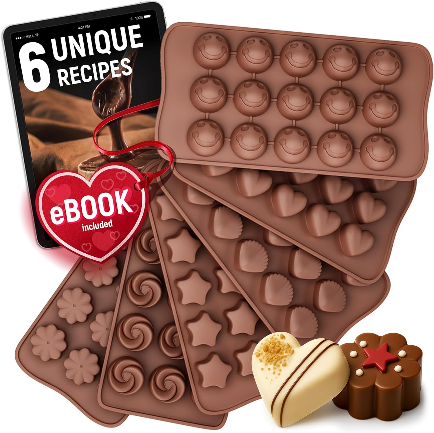 Chocolate Moulds Silicone - Set of 6 - Non-Stick & Food Grade Silicone Chocolate Mould for Jelly Candies, Truffles, Bath Melts & Candles - Free Recipes Ebook - Gift-Ready for St.Valentine