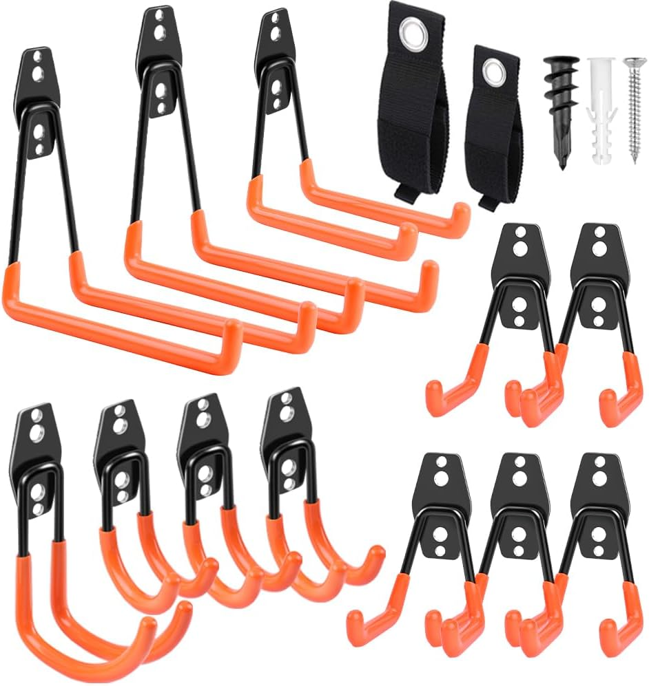 Garage Hooks Heavy Duty, 14 Pack Steel Garage Storage Hooks, Tool Hangers for Garage Wall Utility Wall Mount Garage Hooks and Hangers with Anti-Slip Coating for Garden Tools, Ladders, Bulky Items
