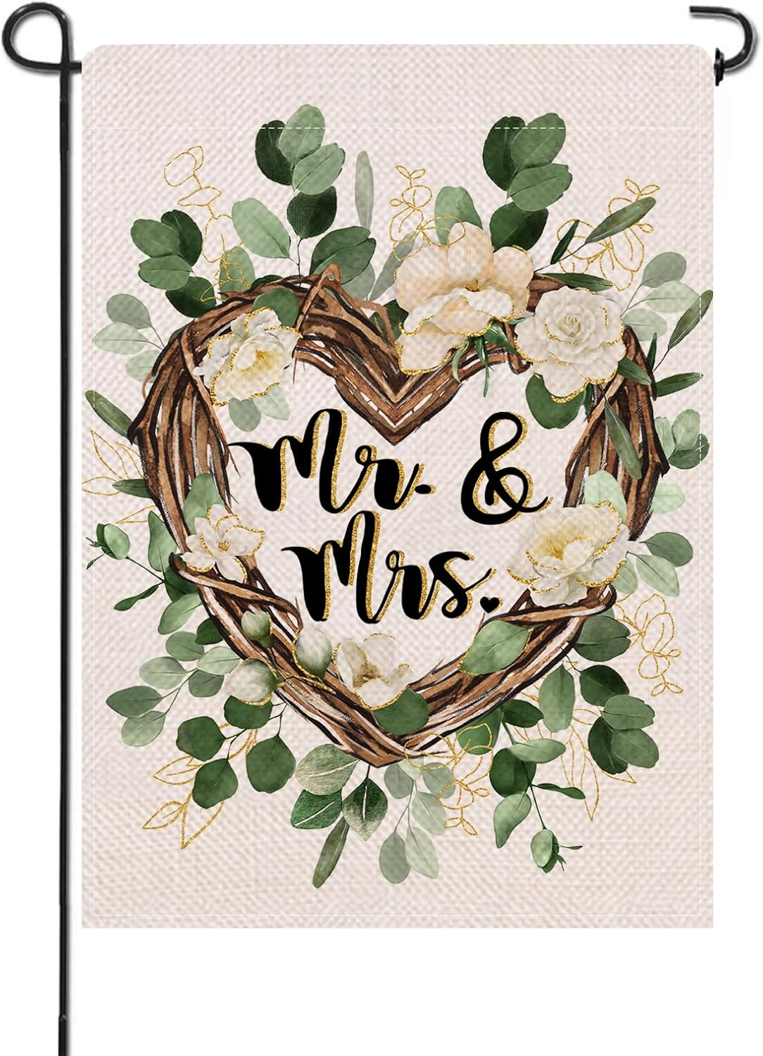 Mr. and Mrs. Just Married Small Decorative Garden Flag, Romantic Wedding Love Heart Flowers Wreath Yard Lawn outside Decor, Engagement Anniversary Outdoor Home Decoration Double Sided 12 X 18